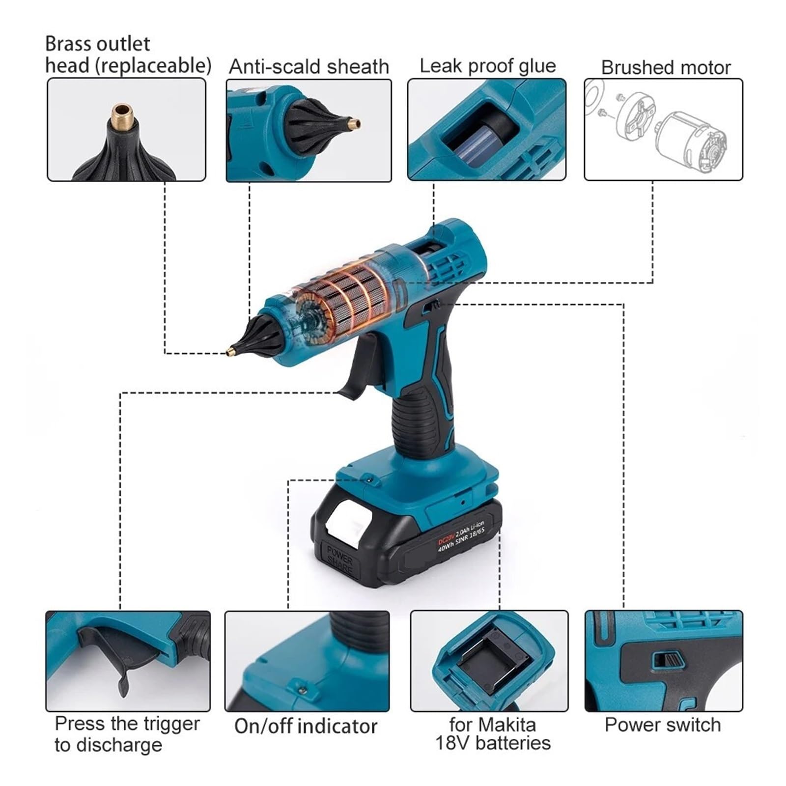 Pistola de silicona Pistola De Pegamento De Fusión En Caliente Eléctrica Inalámbrica De 600W For Batería De 18V, Barra De Pegamento De 11mm, Pistola De Aire Caliente De Soldadura Por Fusión En Calient