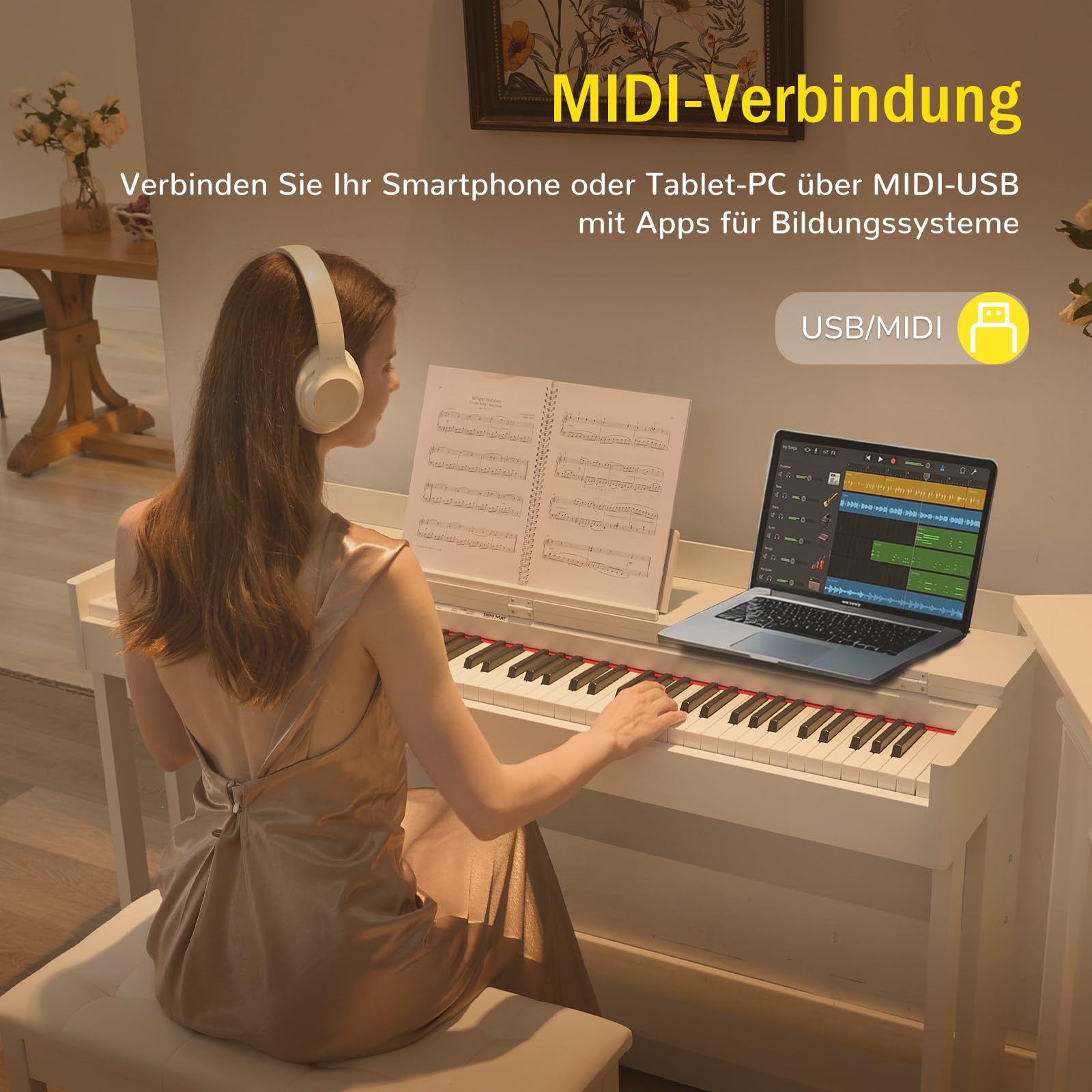 MUSTAR Piano électronique 88 touches avec mécanisme à marteaux, piano numérique, piano électronique avec 3 pédales, double système de contrôle, USB/MIDI, classique professionnel (Blanc)