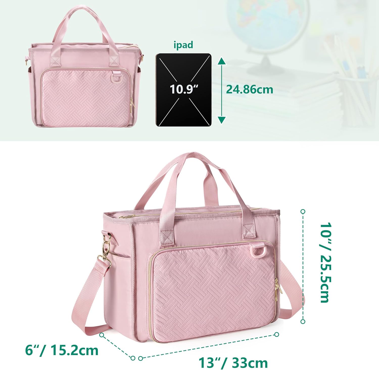 Teacher Tote Bag for Women, Work Tote Bag with Pocket for College and Office, Pink - Image 7
