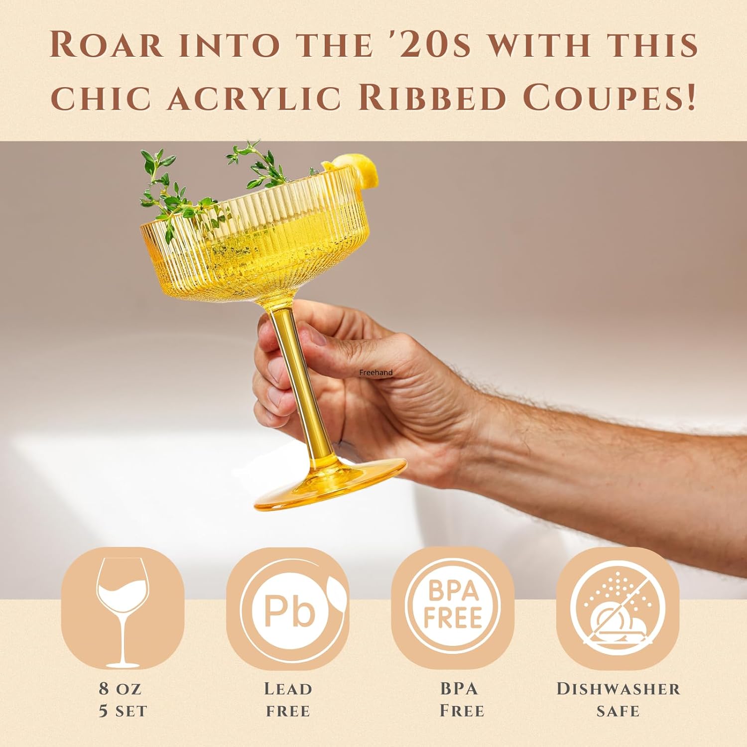 Khen Shatterproof Acrylic Ribbed Vintage Art Deco Martini, Champagne & Cocktail Bright Pastels Color Plastic Coupe Glasses | Set of 5 | 8 oz Ripple Classic Cocktail Indoor & Outdoor, European Style - Image 4