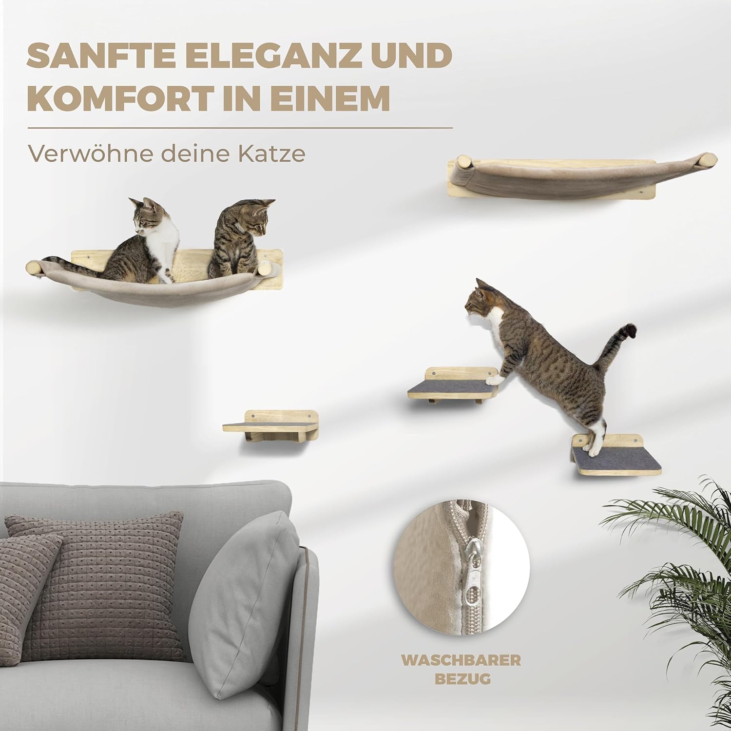 WOOWOOD® 2X Kletterwand Katzen - 3X Katzentreppe Wand- Kratzbaum Wand - Hängematte Katze - Wandkratzbaum - Katzenmöbel - Katzenwand - Katzen Kletterwand Set - Naturhell