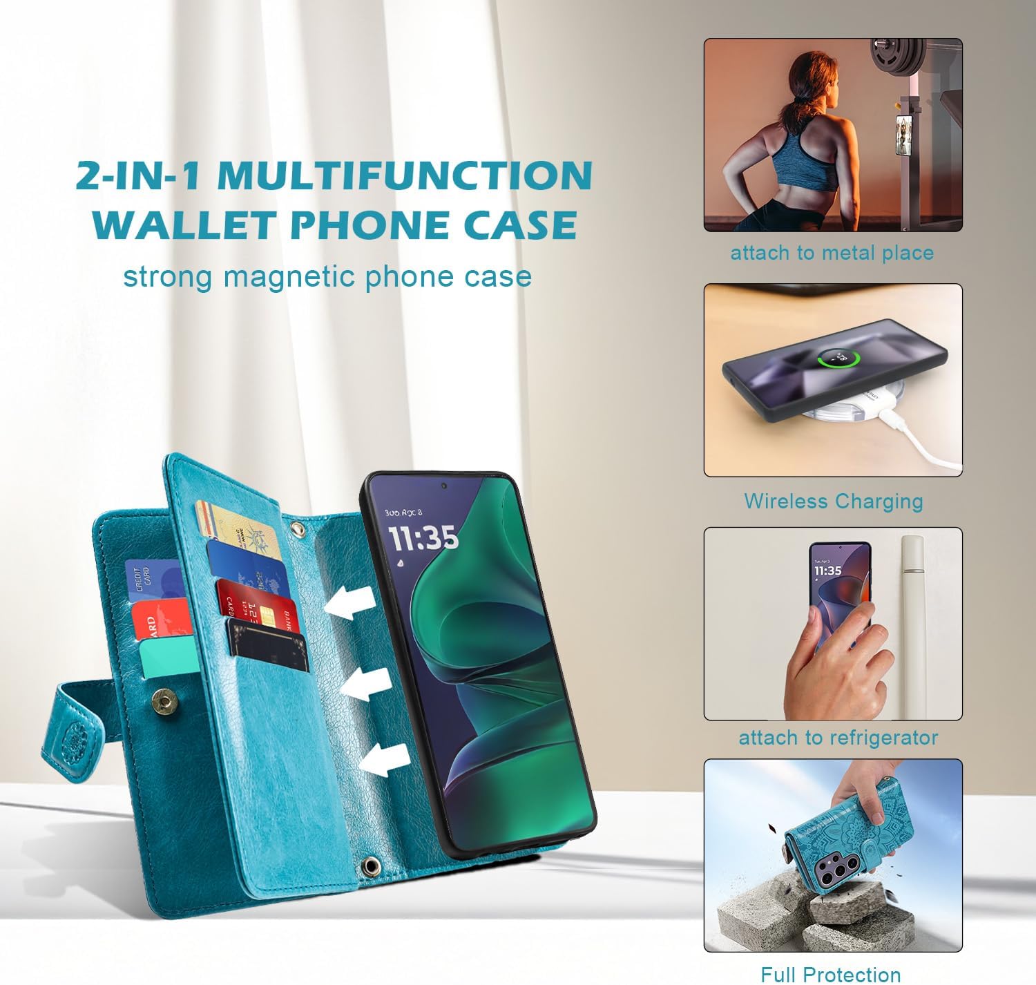 Harryshell Compatible with Samsung Galaxy S25 Ultra Wallet Detachable Magnetic Phone Case Wireless Charging [RFID Blocking] Card Slots, Cash Zipper Pocket Wrist Strap 6.9" (Floral Blue Green)