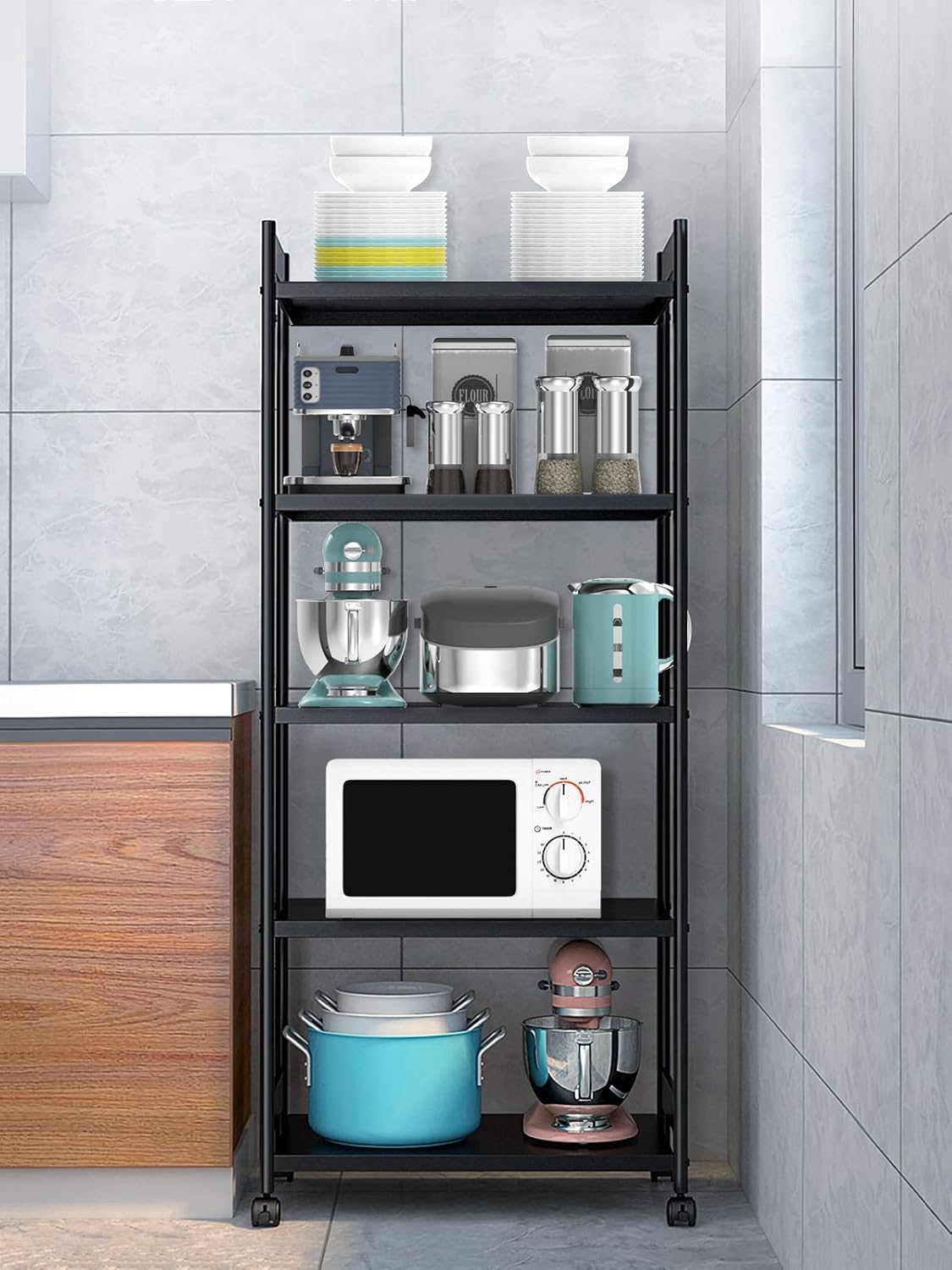 Kitchen Baker's Rack, iBune 5-Tier Metal Steel Heavy Duty Bakers Rack for Kitchen with Rolling Wheels , Adjustable 500LBS Standing Organizer Rack for Microwave Oven and Pots (23.6 L x 14.6 W x 53.1 H) - Standing Baker's Racks