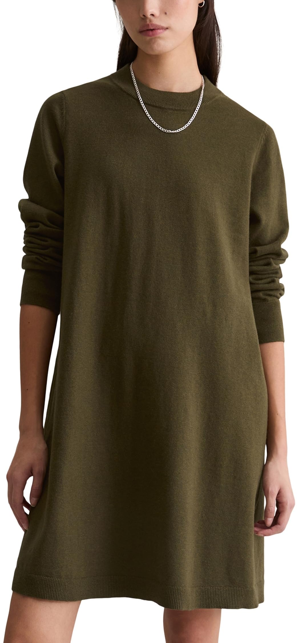 Marc OߴPolo Denim Damen Strickkleid mit Rundhalsausschnitt Knielang, Grün (Dark Green Melange 02), M