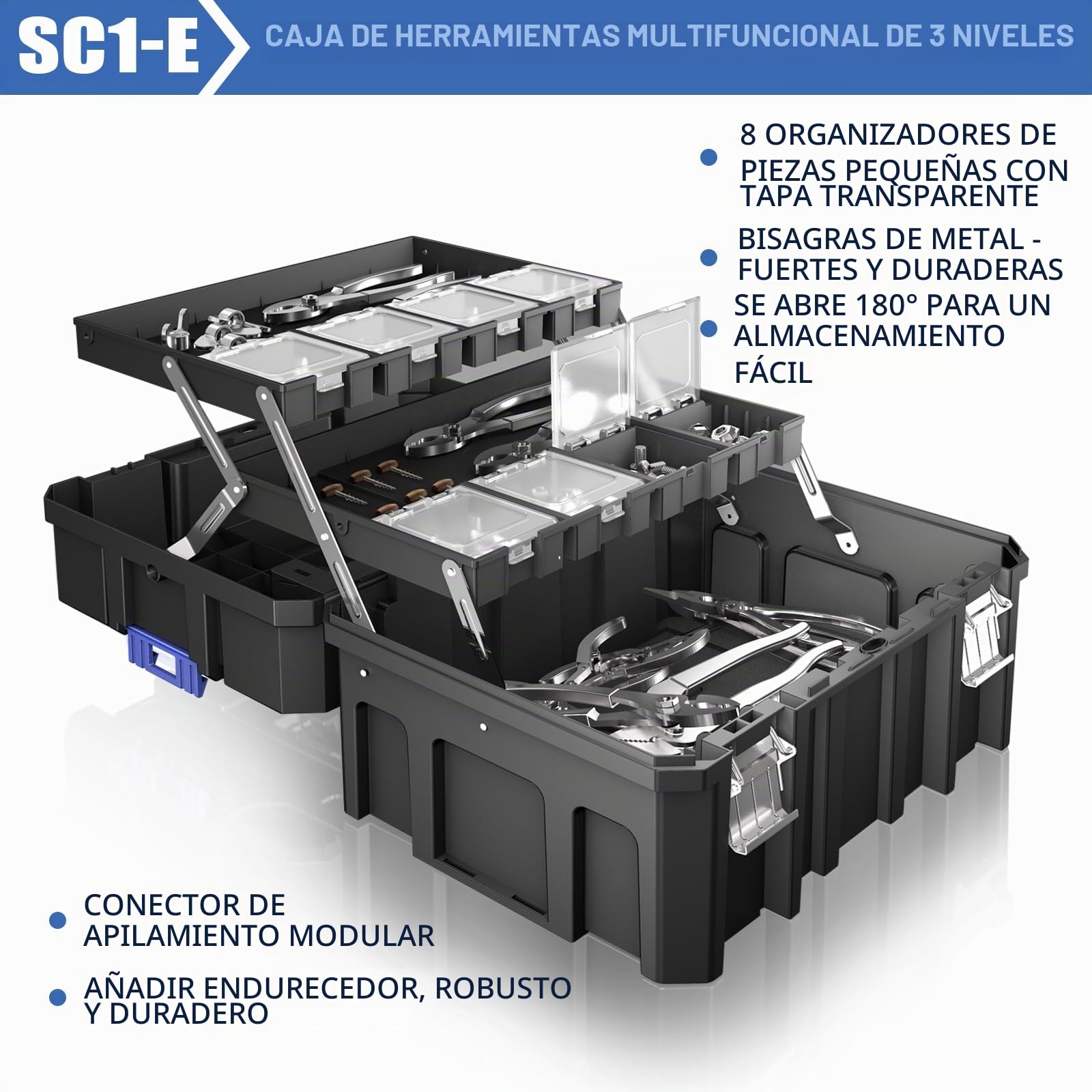 Caja de herramientas de 5 capas vacía con ruedas, modular, caja de herramientas apilable, caja de herramientas portátil vacía con cajón, resistente y duradera, para garajes, reparaciones domésticas