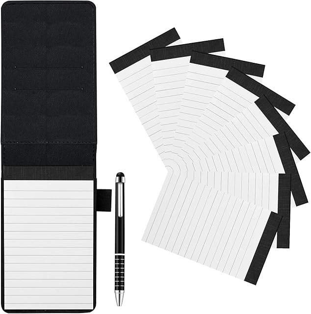 KINBOM Small Leather Notepad Holder Pocket Notebook with 8pcs 3x5 Inch Replacement Memo Pads and 1pc Metal Pen Multifunctional Portable Mini Notepad Memo Book for Adults Students (Black)