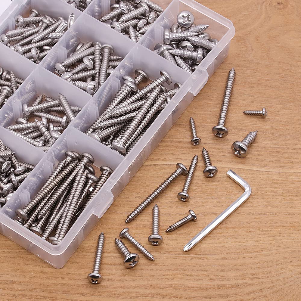 300 PCS Pan Head Phillips Drive Sheet Metal Screws Assortment Kit with Size #6, #8, #10, #12, #14, Bright Finish, 304 Stainless Steel 18-8