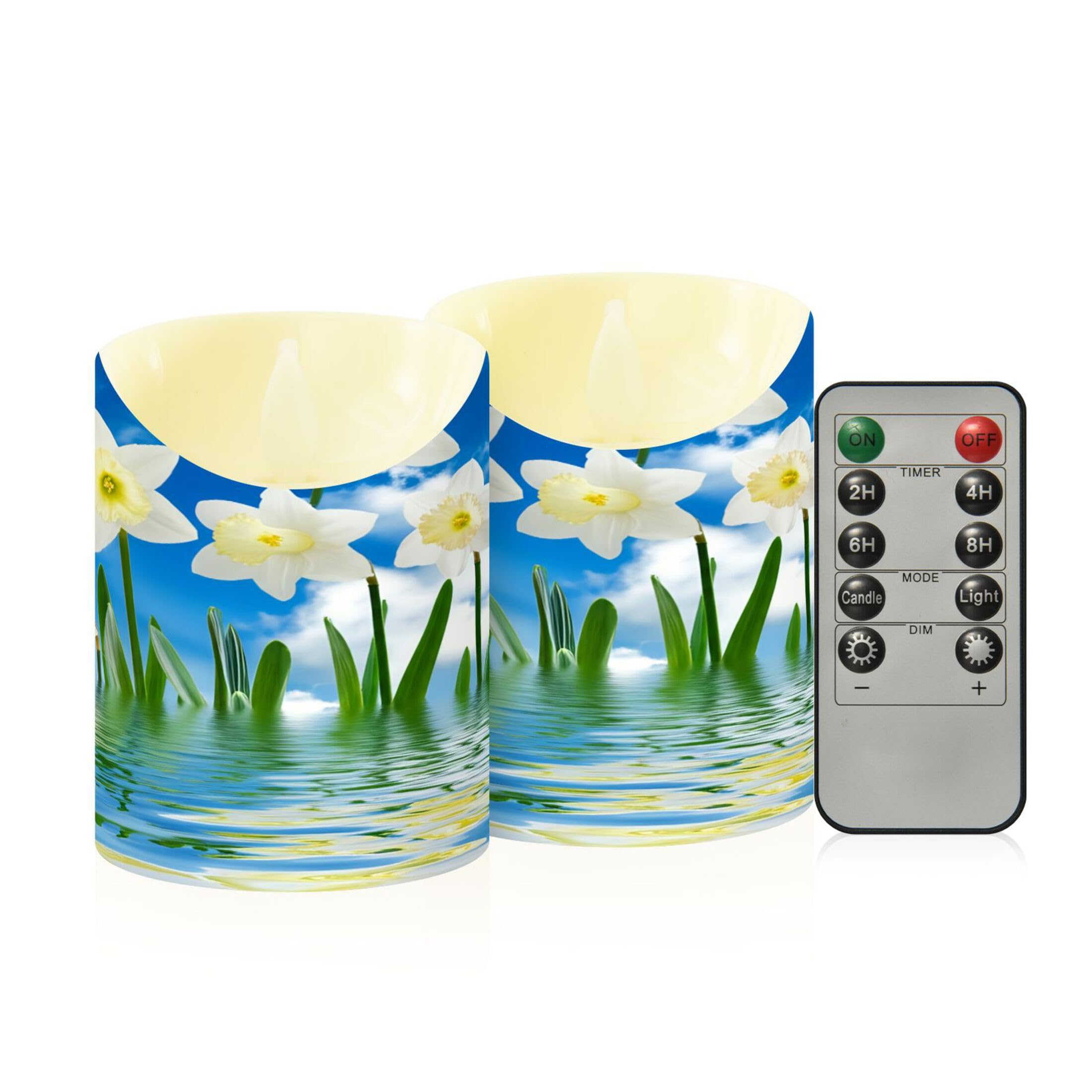 Kutsu Flowers Flameless Candles Set of 2, Battery Operated LED Flickering Candles with Remote and Timer, Plastic Pillar Candles for Home Wedding Decor