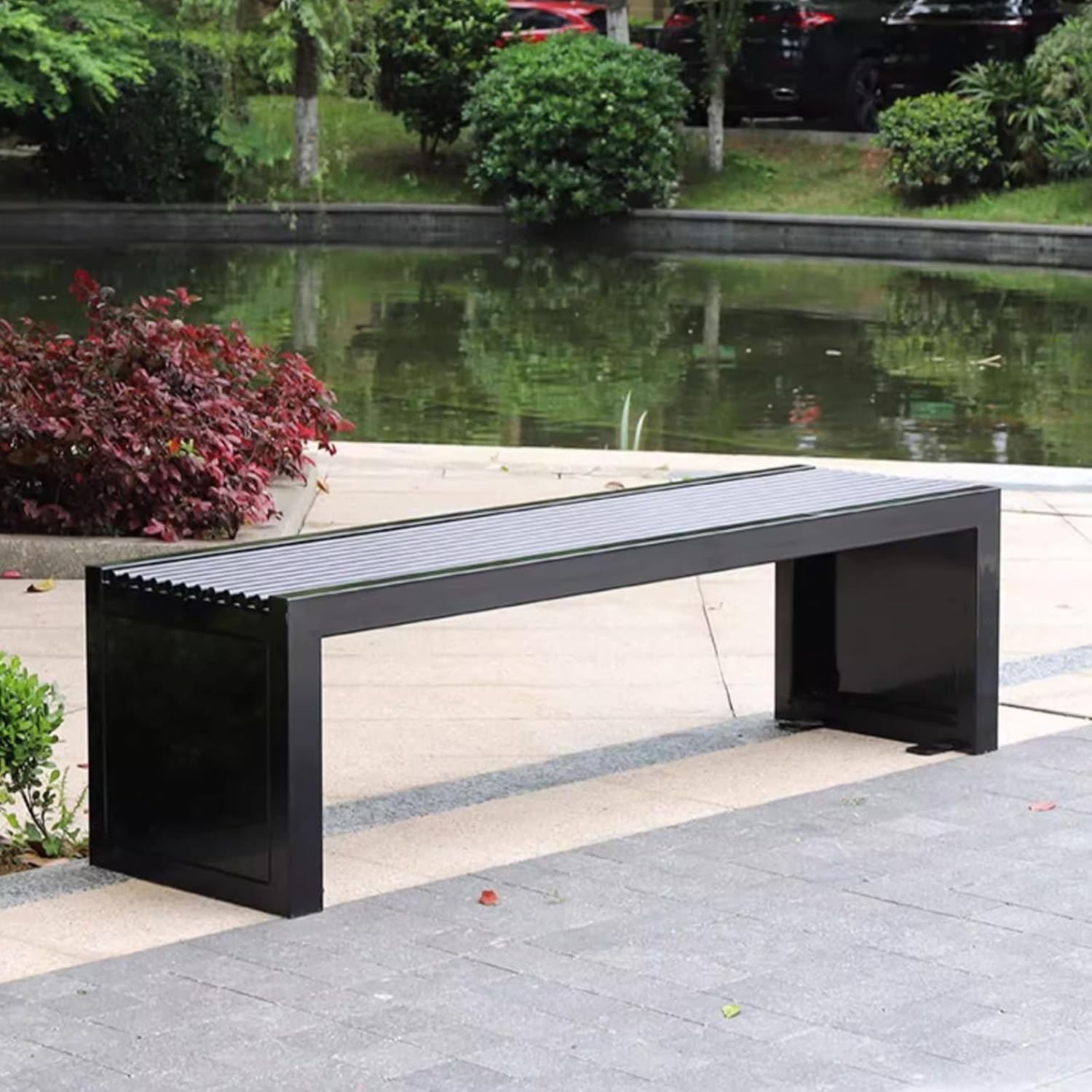 Heavy Duty 59in Metal Outdoor Bench, Backless Park Seating, 660lbs Capacity, No Assembly Required, Perfect for Garden, Patio, Mall, Porch, Plaza - Black