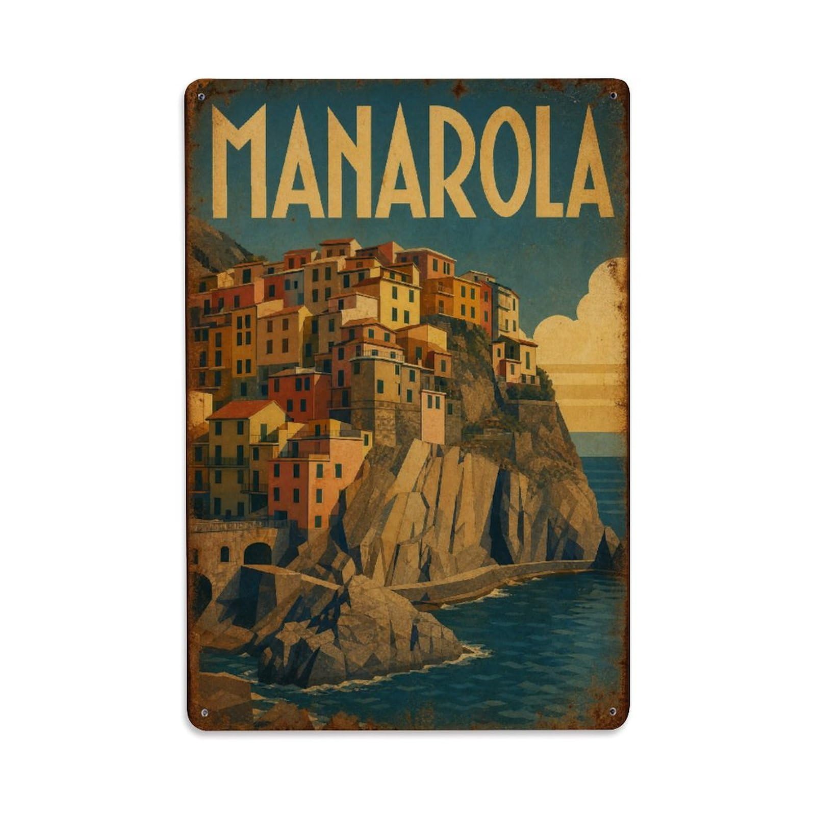 Huiyhb 8X12inch(20X30cm) Vintage Travel Manarola Colorful Houses Cliff Village Italy Metal Tin Sign