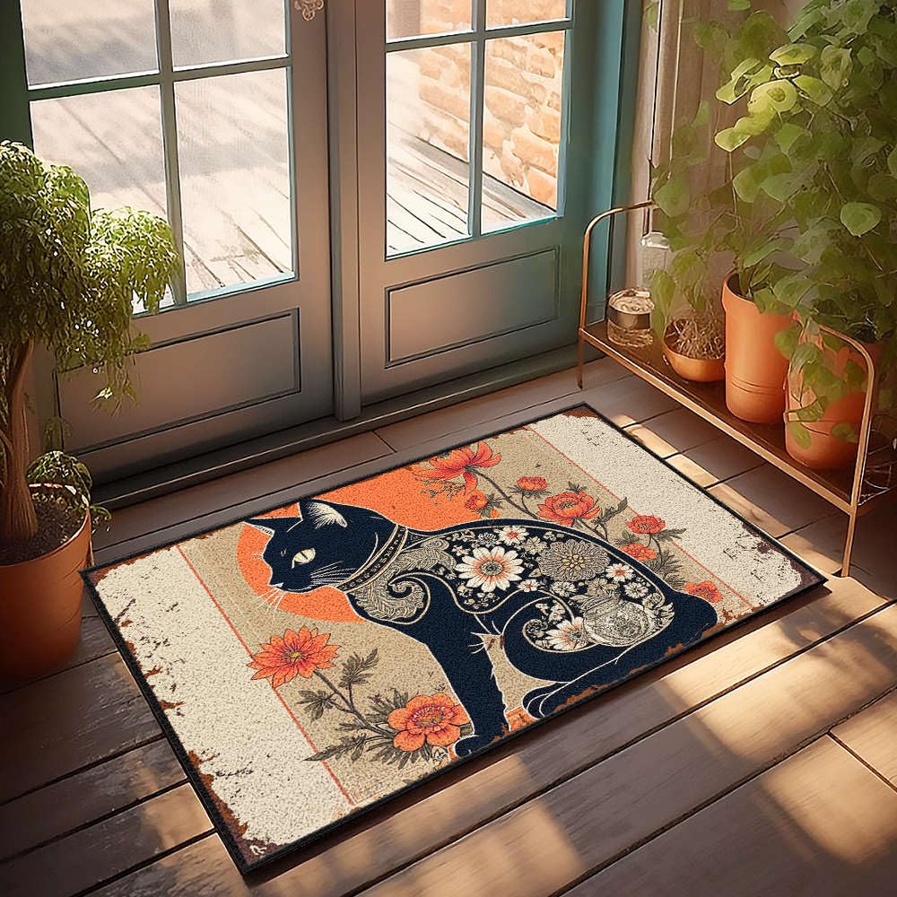Paillasson chat noir tapis antidérapant chambre garçon déco 65x90 cm motif floral original