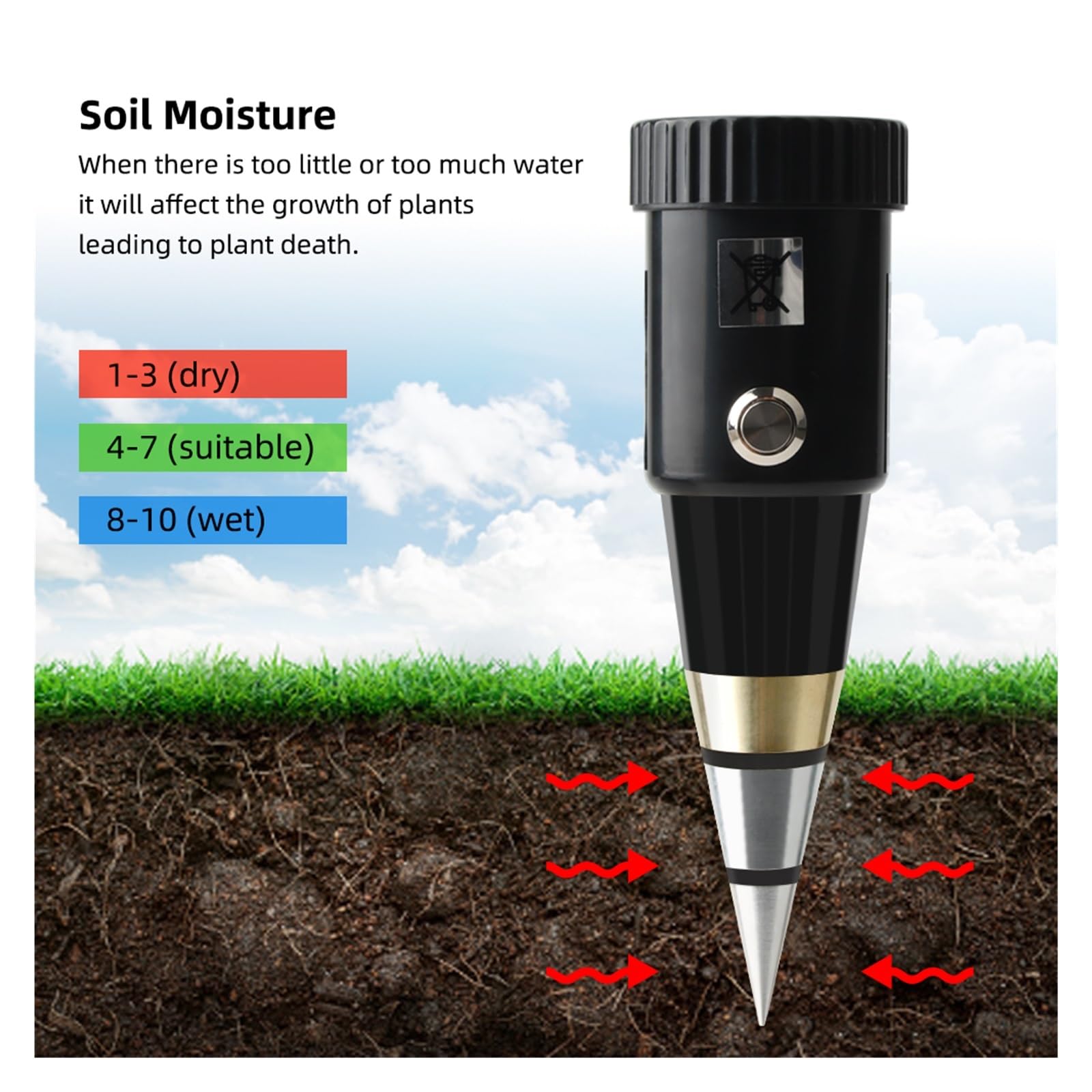 Medidor de humedad del suelo Medidor de PH de humedad del suelo de mano probador de humedad y acidez sonda de Sensor de Metal 3 ~ 8ph higrómetro sin batería for plantar herramienta de jardín Fiable y