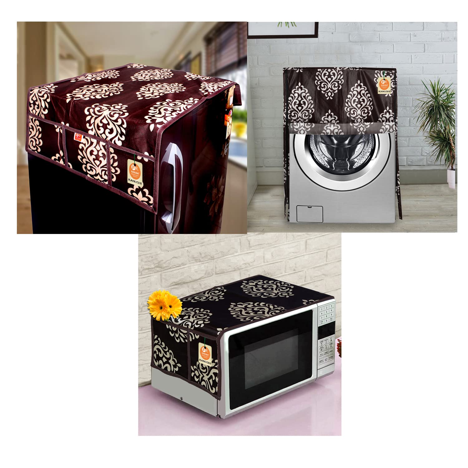 KANUSHI Industries® Front Load Automatic Washing Machine Cover + 1 Pc Fridge/Refrigerator Cover + 1 Pc Microwave/Oven Top Cover(Copy-FRI+Micro+W.M-Front-Brown-Floral)