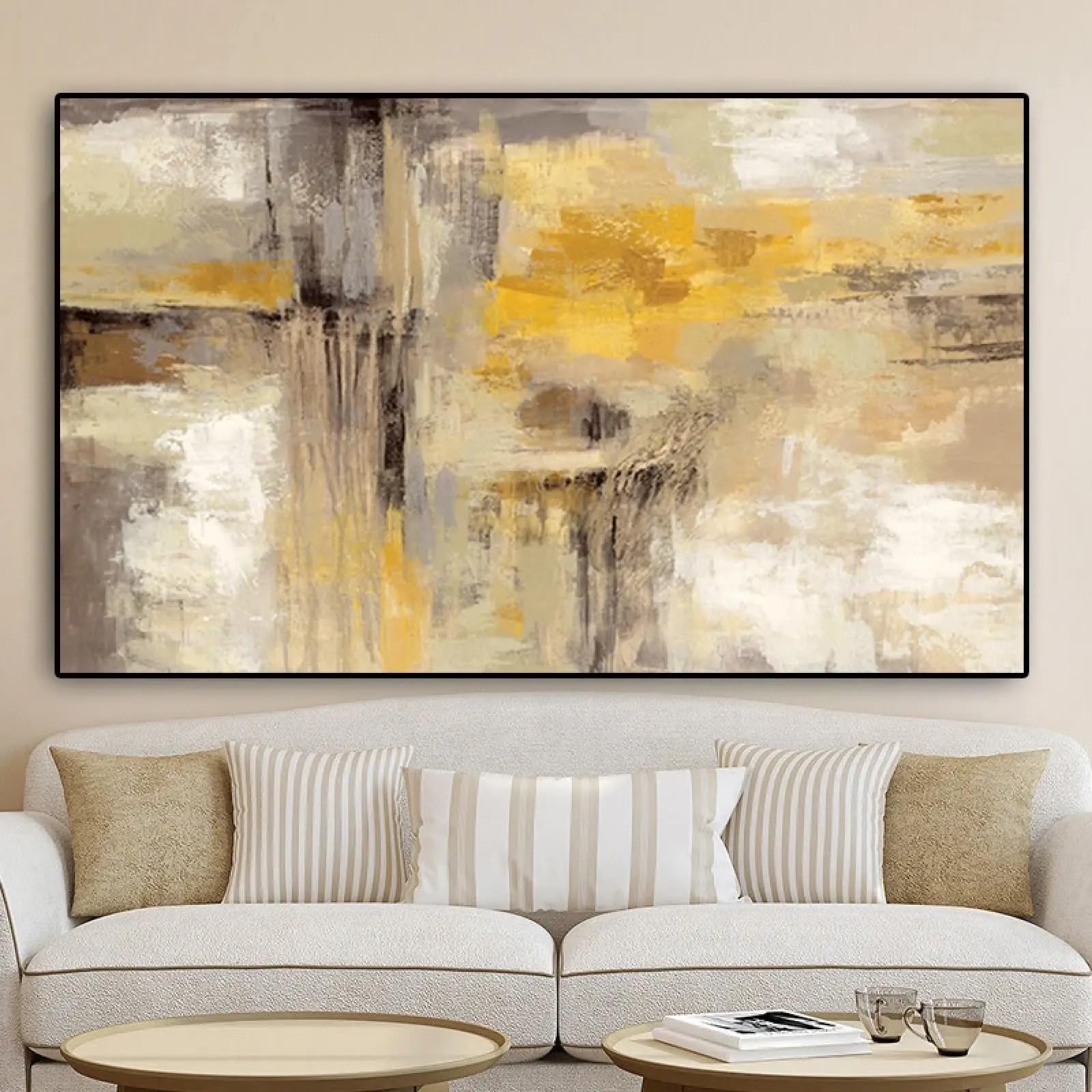 Peinture à l'huile abstraite dorée pour illuminer un grand salon scandinave - 7
