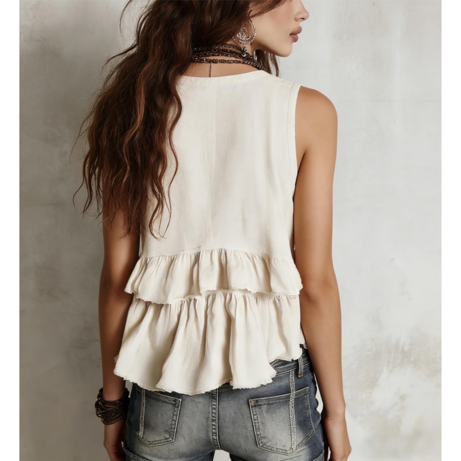 Blusa sin Mangas con Cuello en V y bajo con Volantes escalonados para Mujer | Blusas de verano holgadas y fluidas con bajo con volantes; camiseta tipo túnica casual y suelta para vacaciones o uso diario.