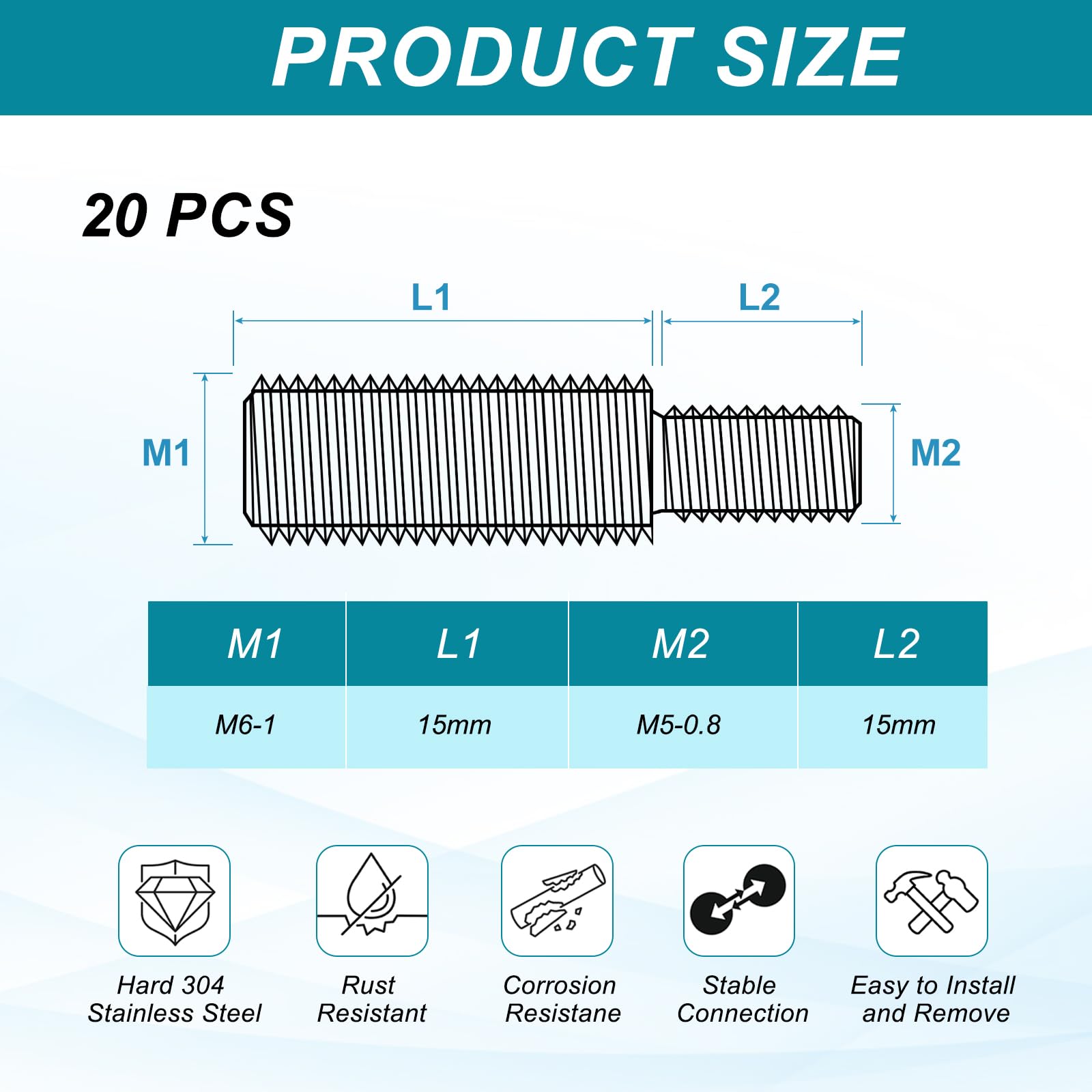 PATIKIL M5x15 to M6x15 Double End Threaded Stud Screw Bolt - Image 2