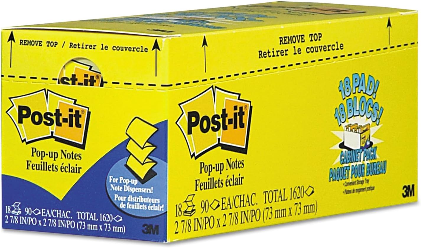 Post-it Pop-up Notes, 3 in x 3 in, 18 Pads, America's #1 Favorite Sticky Notes, Canary Yellow, Clean Removal, Recyclable (R330-18CP)