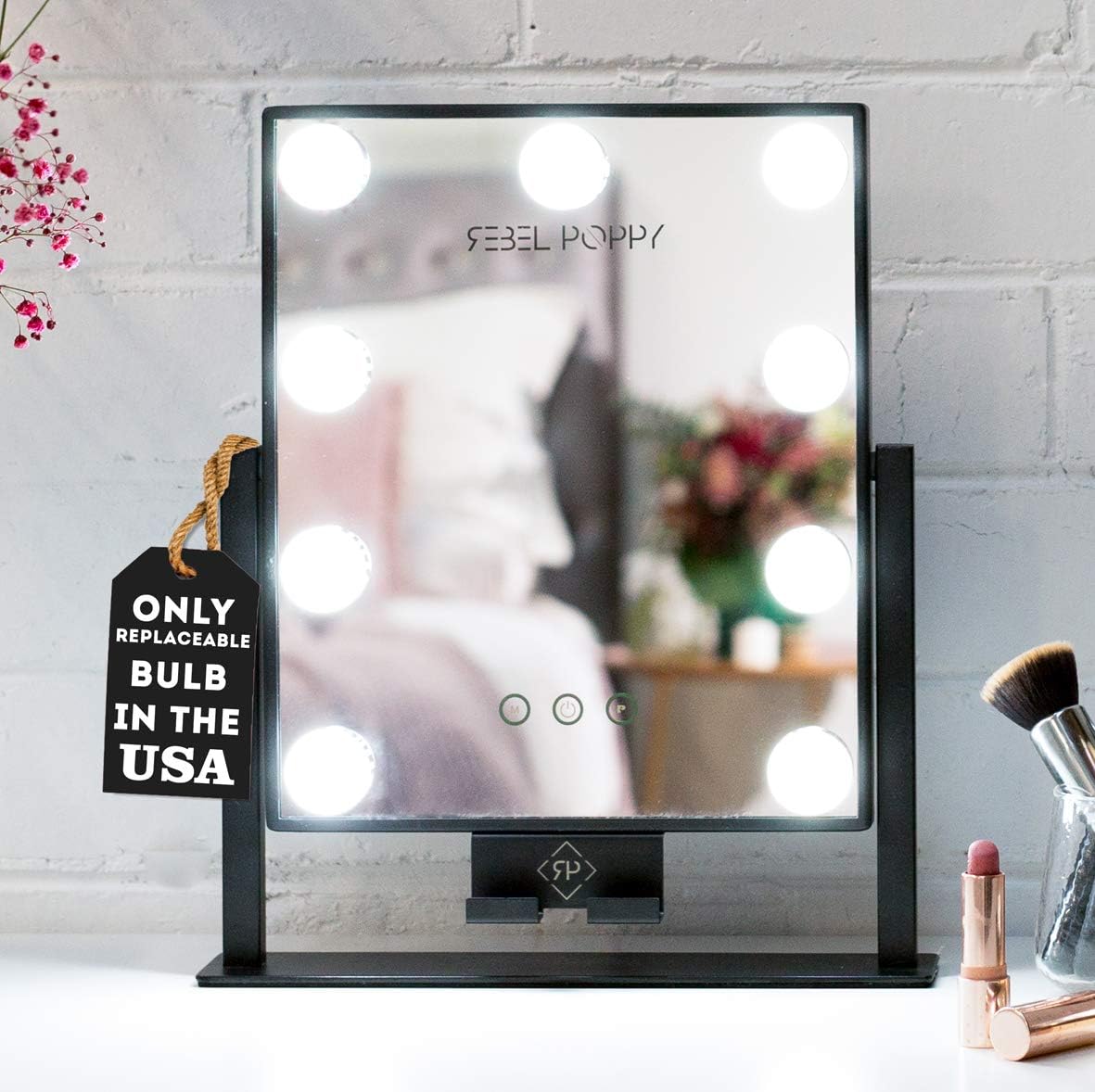 REBEL POPPY Lighted Makeup Mirror with LED Lights and Phone Mount, 3 Lighting Touch Control, 14.5” x 12”, Fogless - Counter Top Mirrors - Mini, Black