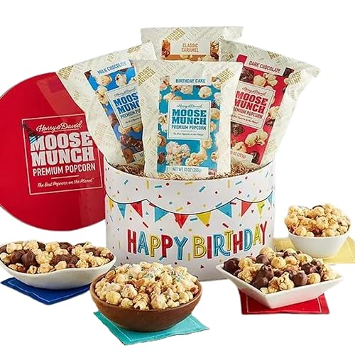 Harry & David Moose Munch Premium - Lata de cumpleaños de palomitas de maíz, 4 bolsas (10 onzas cada una), cesta de regalo de cumpleaños, aperitivos