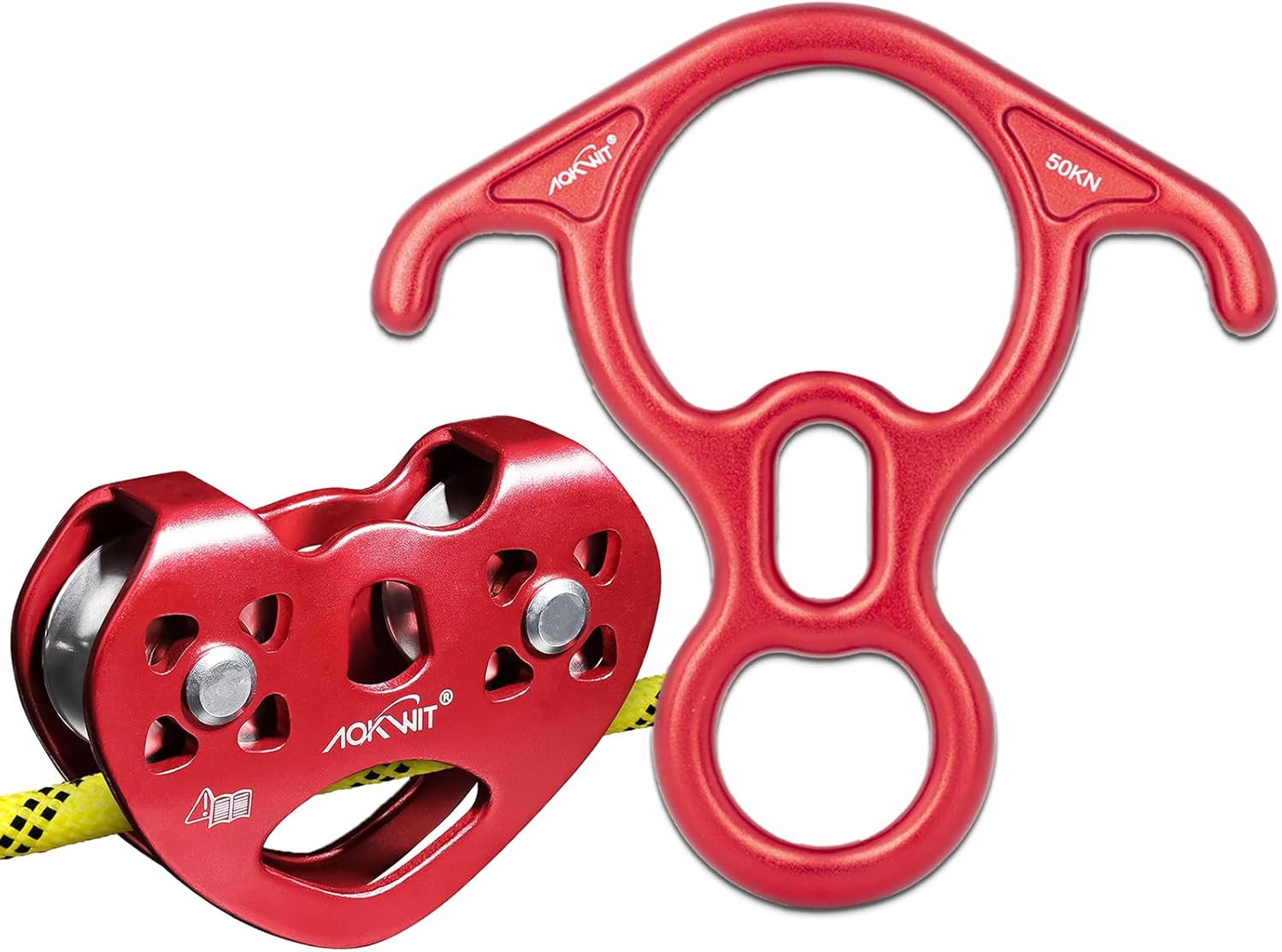 Climbing Descender 50KN Aluminum Alloy Figure 8 Descender Large Bent-Ear Belaying Rappelling Gear Zip Line Pulley Durable Aluminum Stainless Steel Roller Double Climbing Pulley 25KN for Hauling Rescue