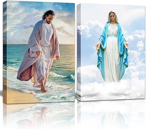 2 piezas enmarcadas de Jesús para pared, decoración de la Virgen María Jesús, caminando por el agua, lienzo religioso cristiano, decoración de