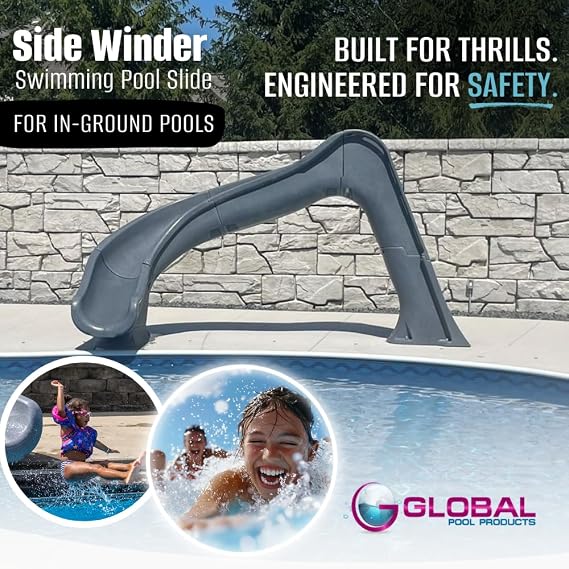 Global Pool Products Side Winder Inground Swimming Pool Water Slide Deck Mounted Left Curve Turn Grey GPPSSW-Grey-L