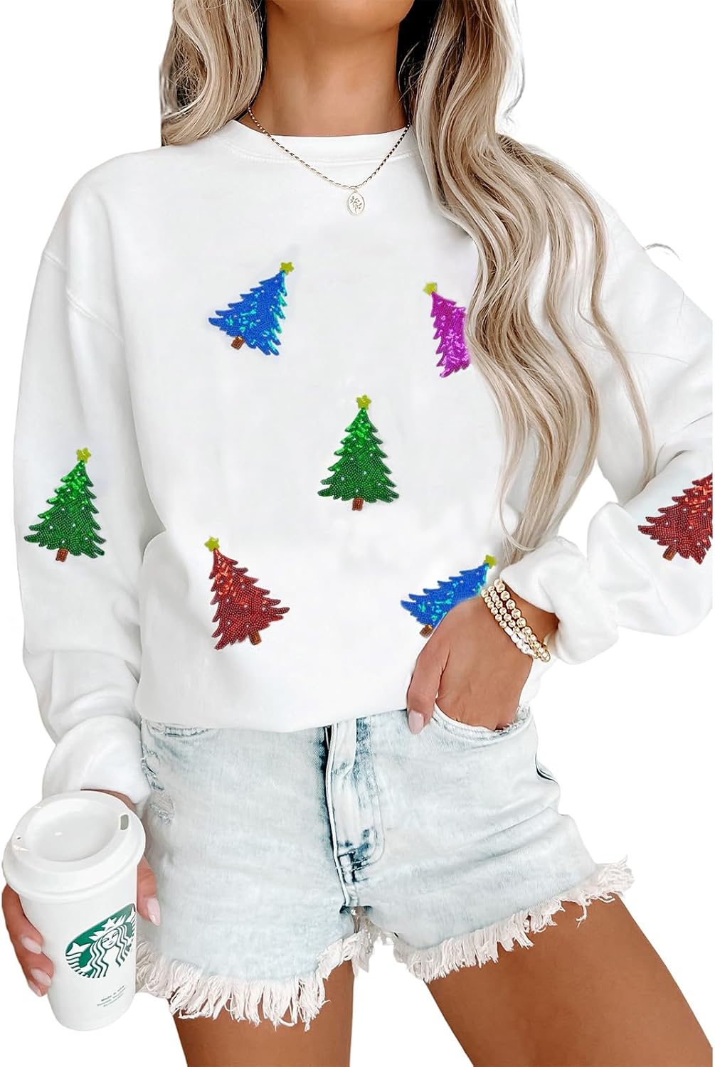 whoinshop Christmas Sweatshirts For Women Sequin Xmas Tops Orange Long Sleeve Shirts Crew Neck Casual Pullover Top