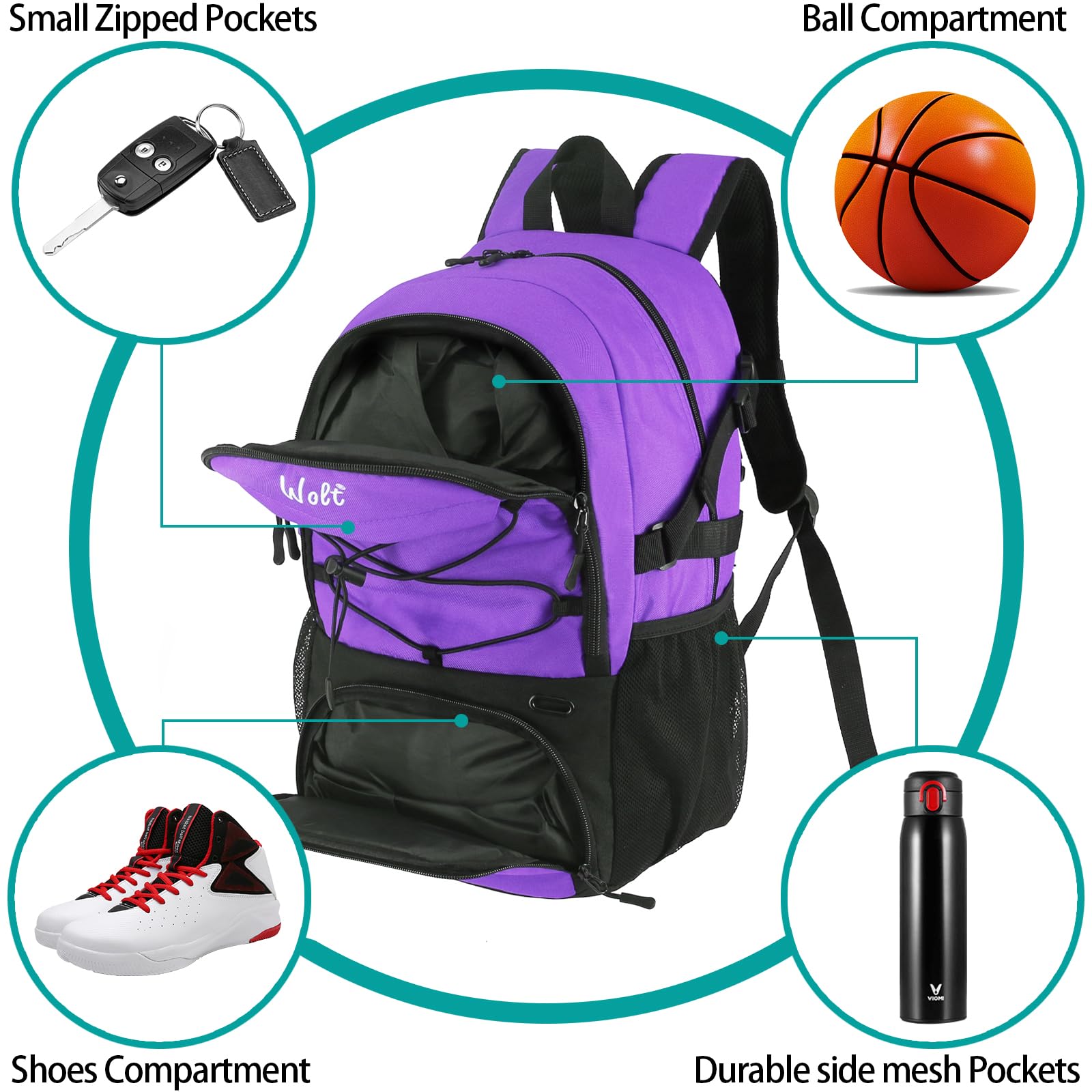 WOLT | Sac à Dos de Basket-Ball Grand Sac de Sport avec Porte-Ballon séparé et Compartiment à Chaussures, idéal pour Le Basket-Ball, Le Football, Le Volley-Ball, la Natation, la Gym, Les Voyages