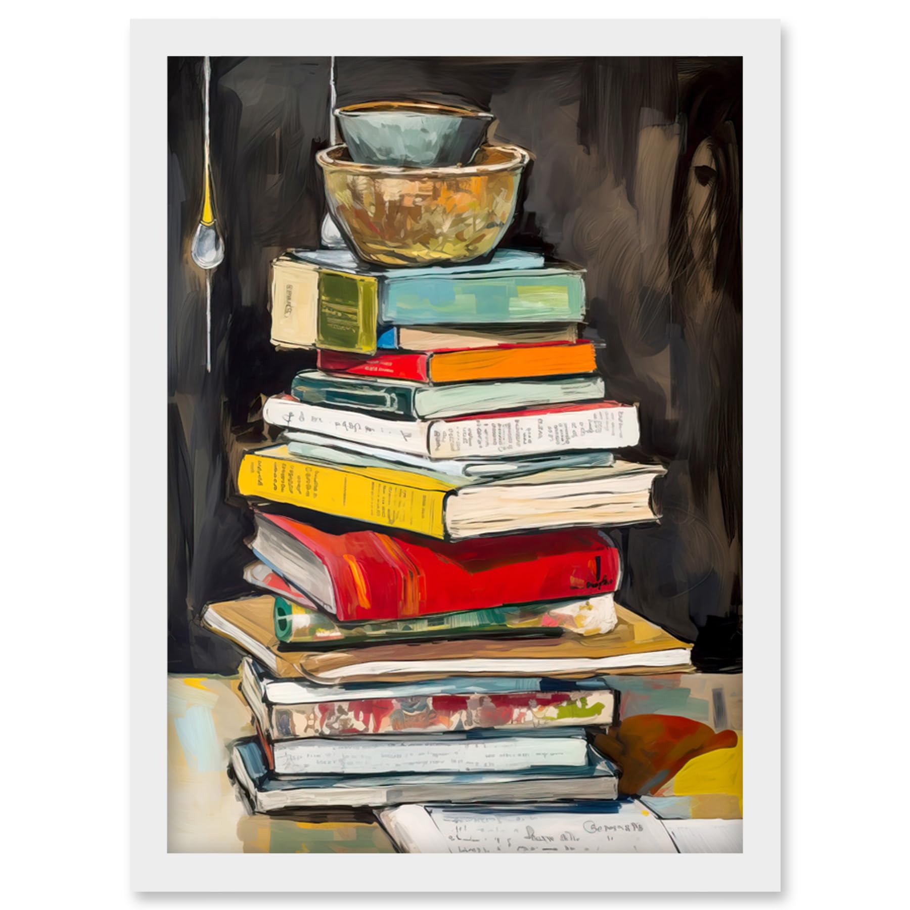 Artery8 A Stack of Recipe Cookbooks with Bowls on Top Artwork Framed Wall Art Print A4
