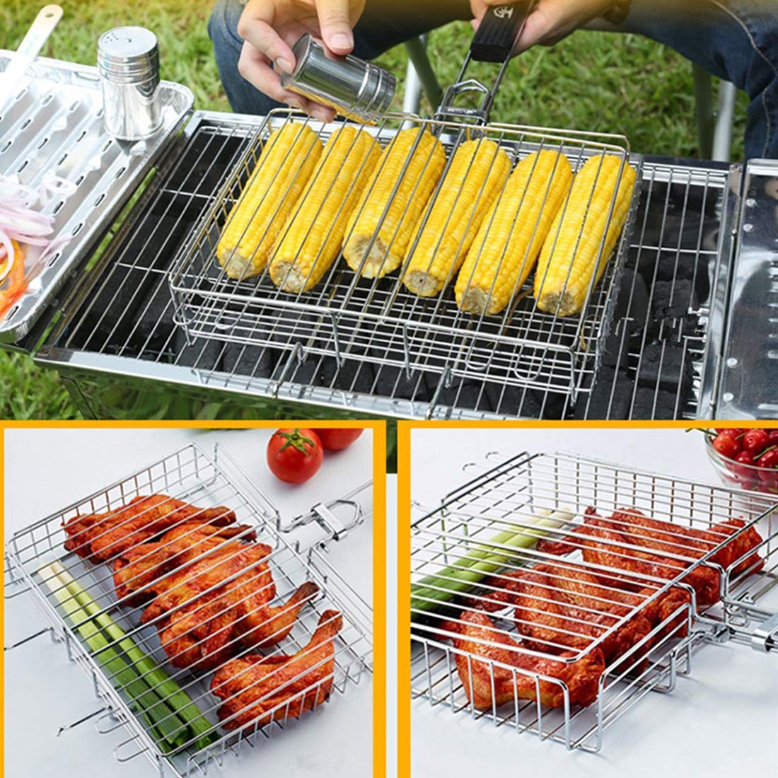 RWRAPS Cestello per grigliate per Barbecue, Cestello per griglia per Barbecue Portatile Pieghevole in Acciaio Inossidabile per Pesce arrosto Verdure Bistecca di gamberi, con Custodia, 31X25x5,5 cm