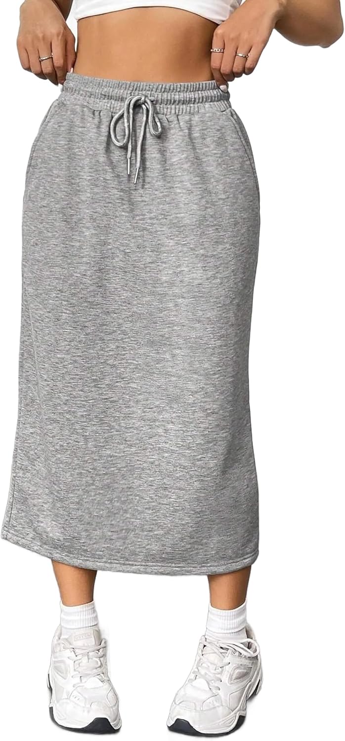 SOFIA'S CHOICE Women's Midi Skirt Drawstring High Waist Sweat Skirts with Pockets - Image 3