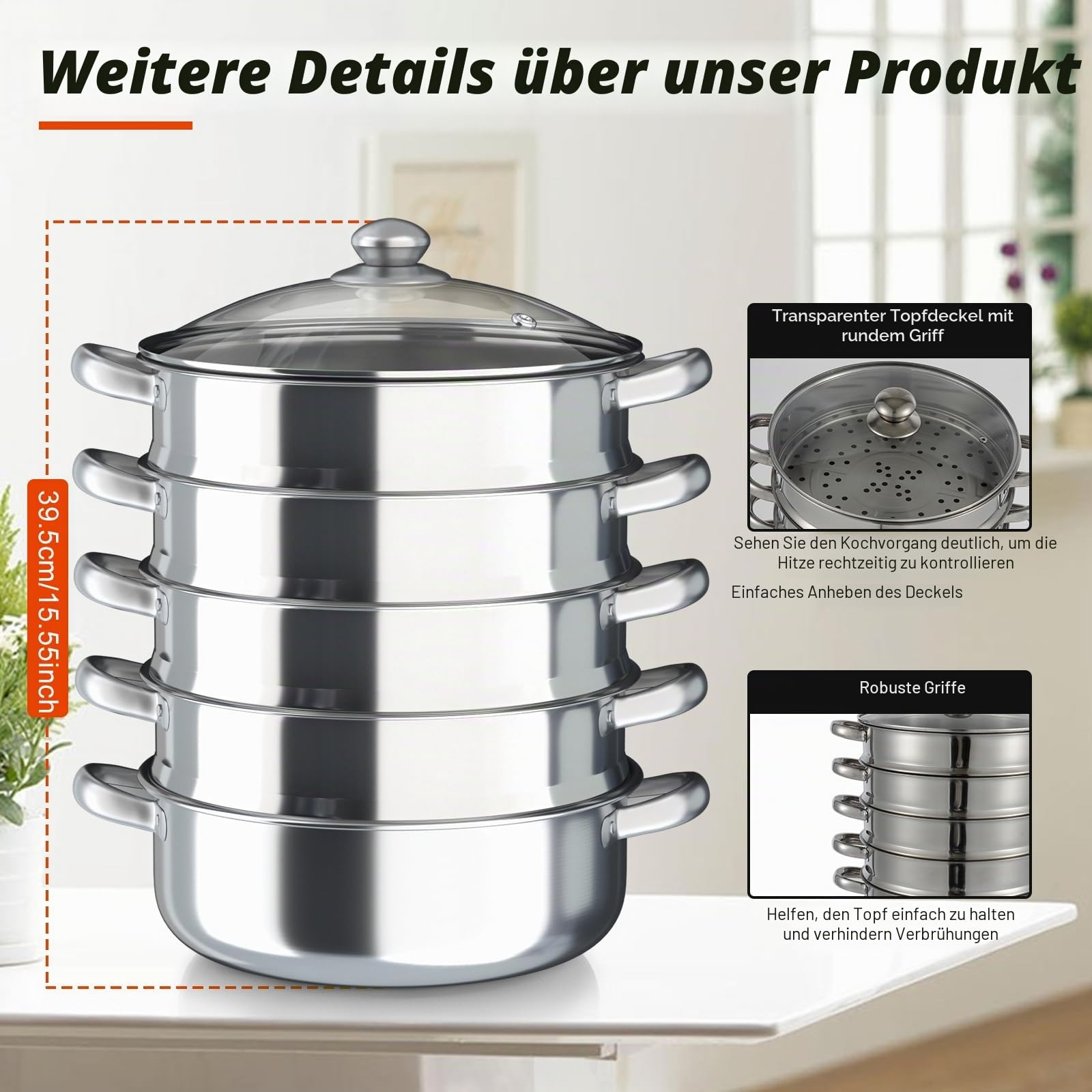 5 Etagen Dampfgarer, Topf Edelstahl Dampftopf mit Glasabdeckung DäMpfer Kochtopf Set für Alle Herdarten Geeigne Spülmaschinenfest (30cm 5 Etagen)