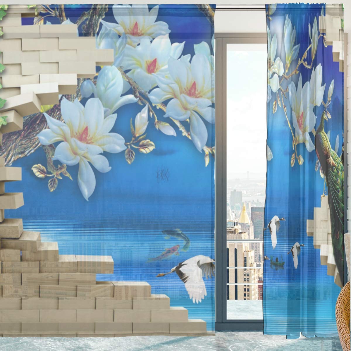 Mnsruu Voilage Rideaux Fleurs Paon Oiseaux Doux Voilage Voilage Voilage Voilage Voilage Voilage Rideaux Fleurs Paon Oiseaux Doux pour Chambre Salon 140 x 213 cm 2 Panneaux