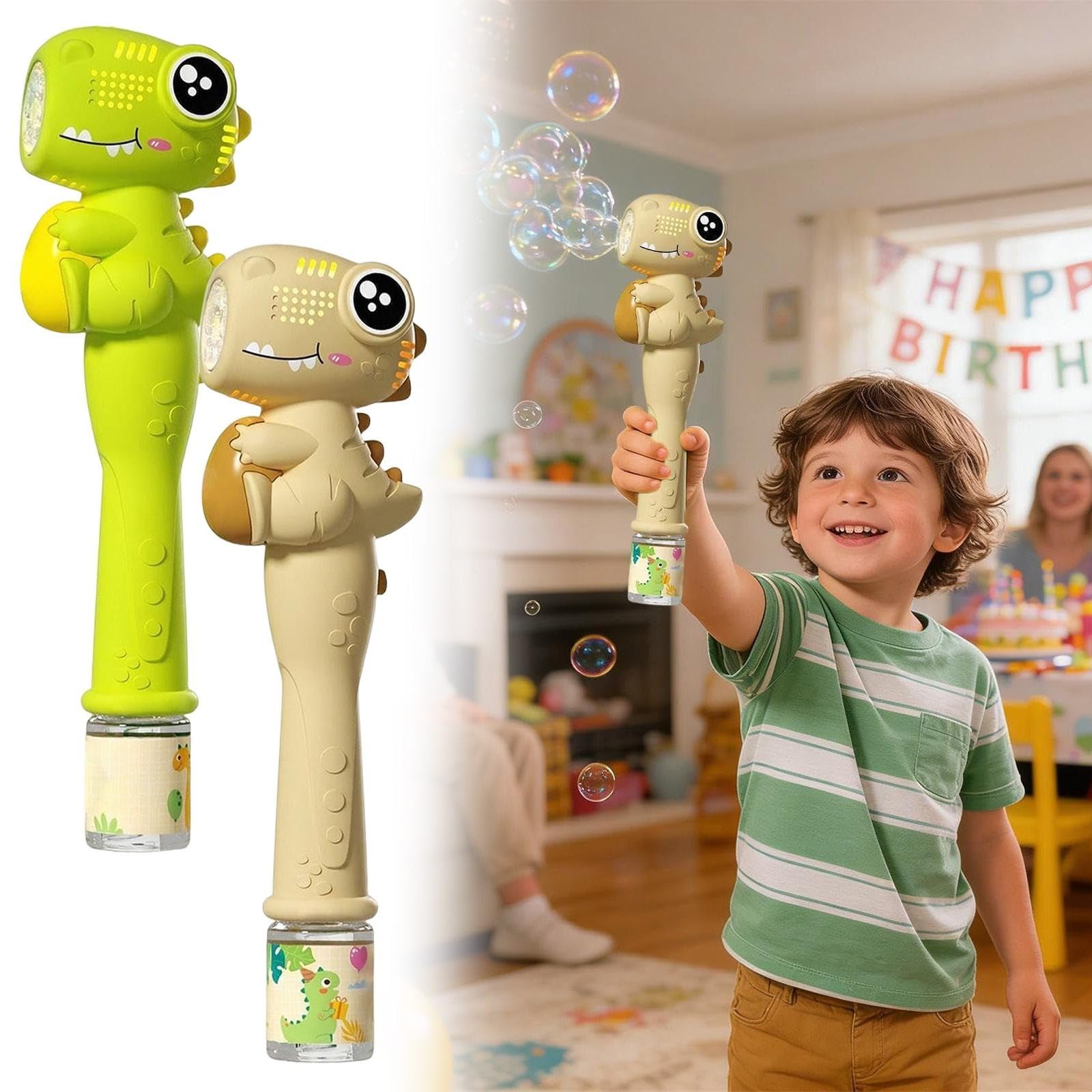 Bubble Machine Toy Dinosaur Shape for Kids Automatic Bubble Maker Rechargeable Bubble Blower Toys Gifts for Toddlers Boys and Girls Birthday Christmas Party Favor Summer Backyard Fun Gift (Khaki)