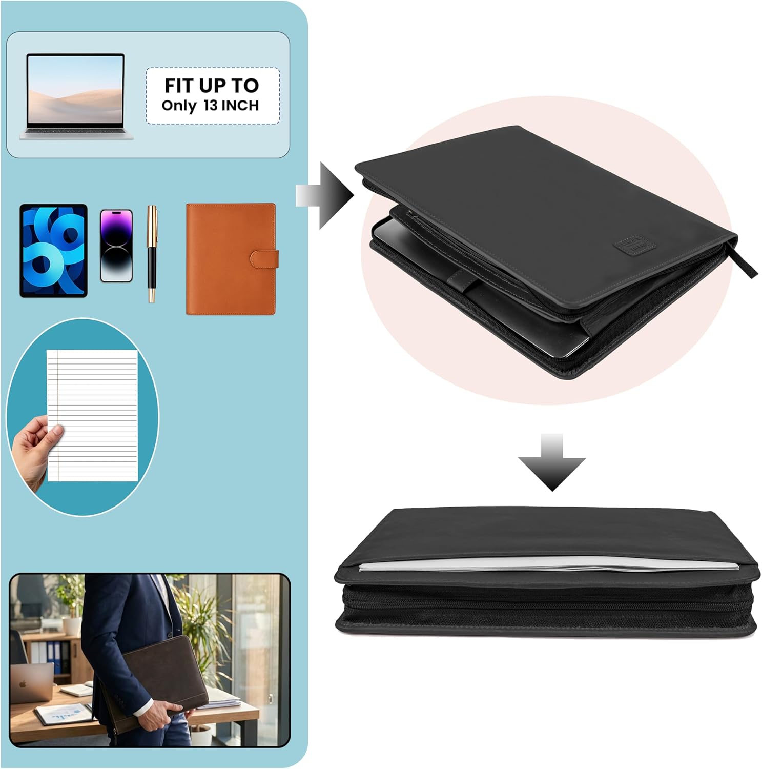 LEATHER VILLAGE Leather Portfolio Organizer - Professional Business Padfolio for Men & Women - Stylish Document Card Holder, Folio for A4/Letter Size Writing Legal Pad, Black