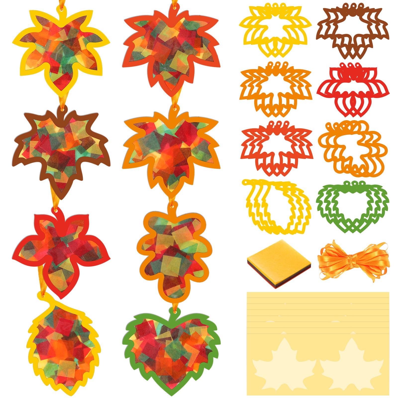 Containlol 24-teiliges Herbstblatt-Sonnenfänger-Bastelset, Herbst-Ahornblatt, DIY, Fenstermalerei, Basteln, Seidenpapier, Sonnenfänger, Dekoration, Ornament für Kinder, Klassenzimmer, Kunst,
