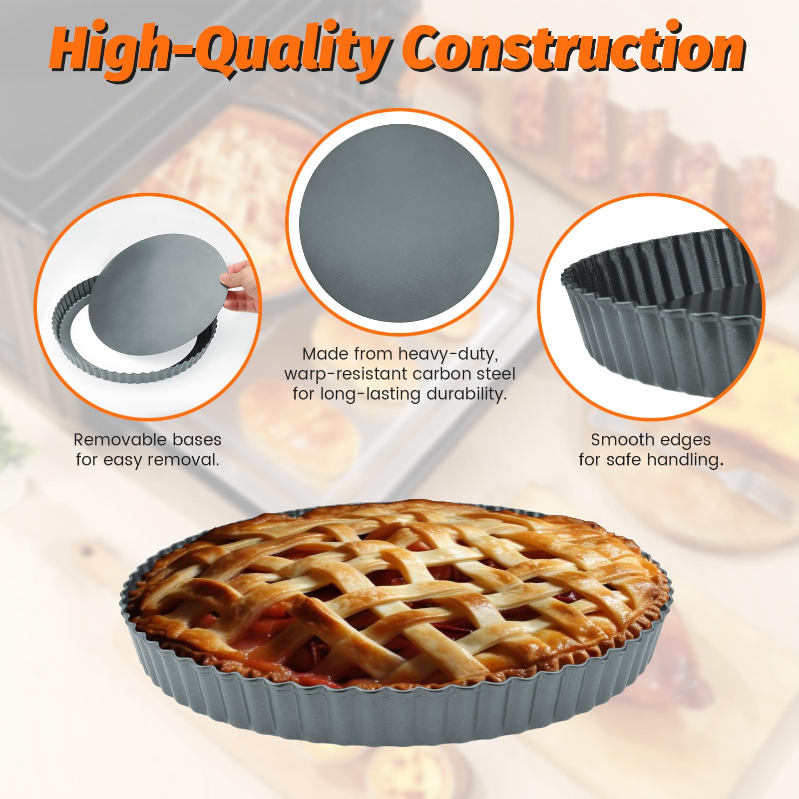 Lot de 2 moules à tarte de 26 cm avec fond amovible, moule à tarte anti-adhésif en acier au carbone, moule à quiche pour gâteau, biscuits, 26 cm
