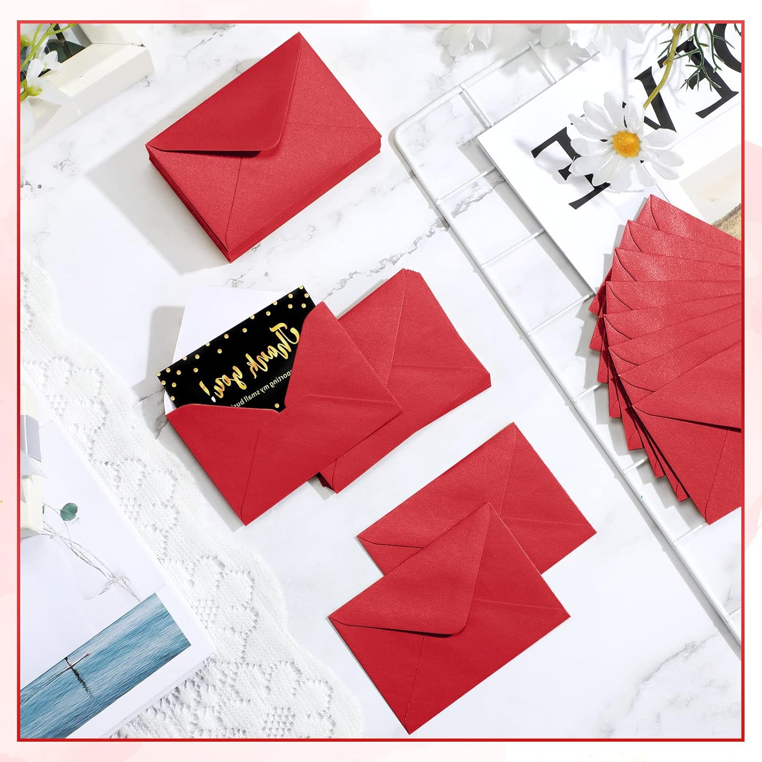 Outus 400 Pcs Gift Card Envelopes Bulk Mini Metallic Envelopes Small Business Cards Invitation Card Sleeves Tiny Envelope for Holidays Valentine's Day Weddings Birthdays, 4 x 2.7 Inches(Red)