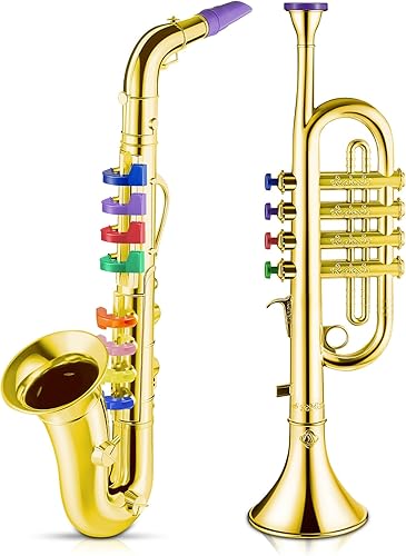 Juego de 2 instrumentos musicales que incluyen trompeta de juguete y saxofón de juguete, trompeta de plástico, juguete educativo, regalo de música