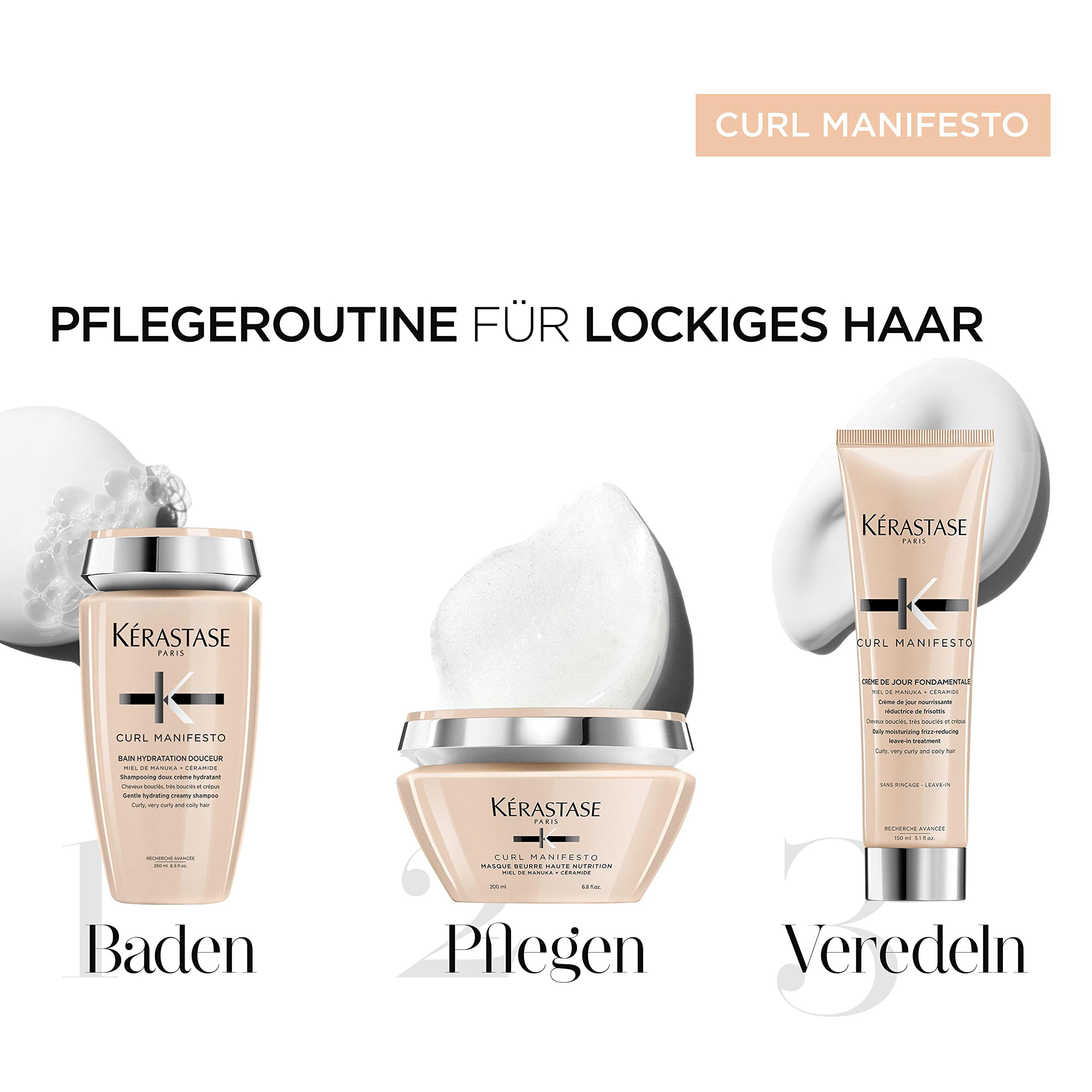 Kérastase, Curl Manifesto, Pflegeroutine mit Shampoo, Haarmaske und Tagescreme, Für lockiges und krauses Haar, Mit Manuka-Honig und Ceramiden