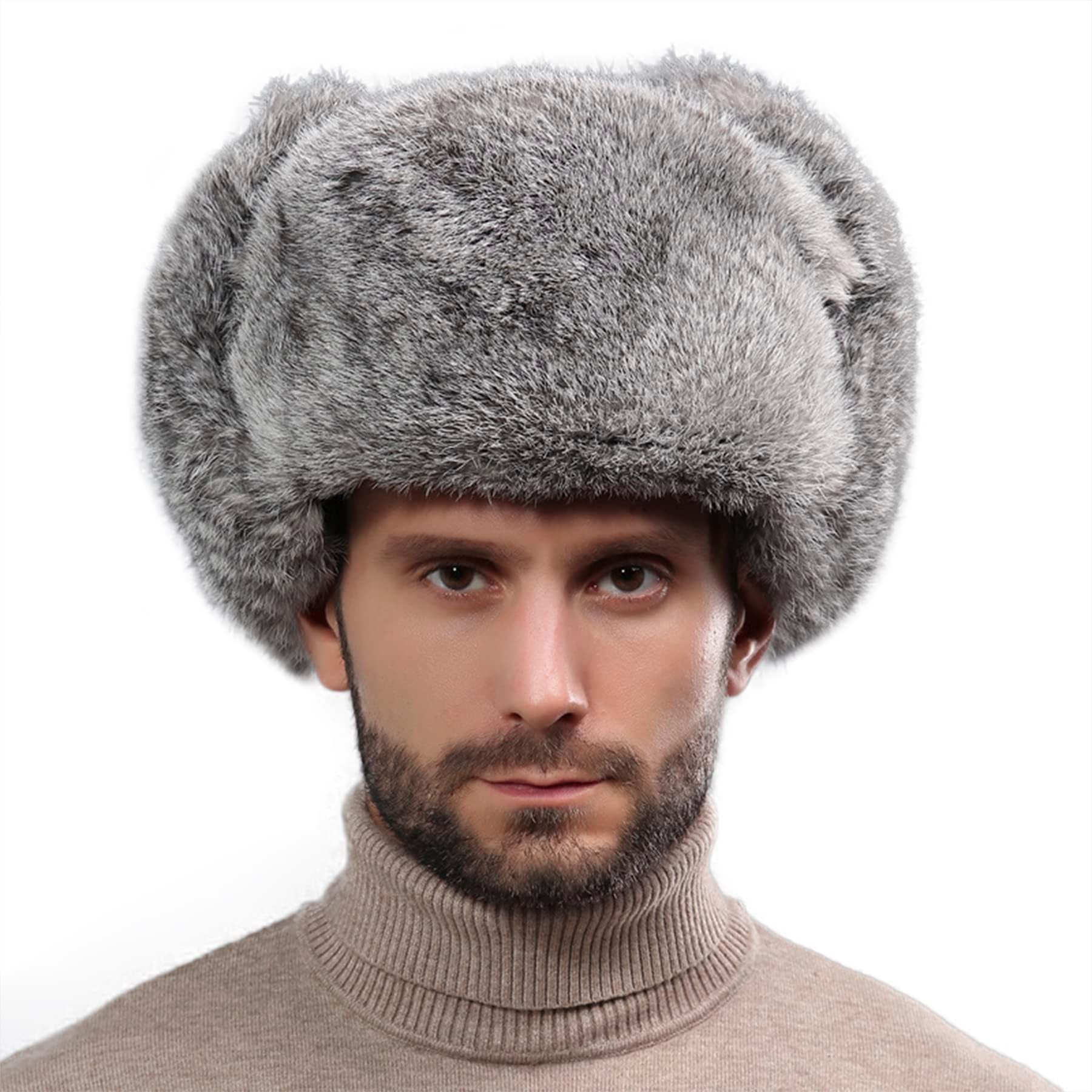 Faux Fur Trapper Hat for Men Warm Winter Ushanka Hat with Ear Flaps Windproof Cold Weather Hat Grey