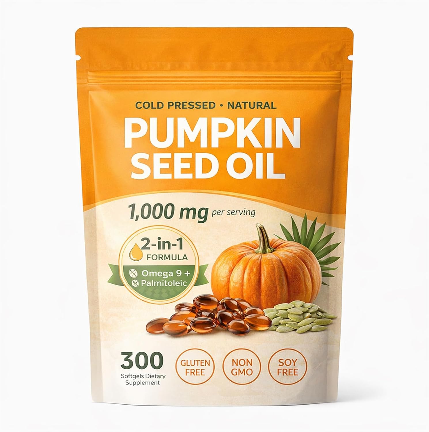 Pumpkin Seed Oil with Saw Palmetto Capsules, 1000mg per Serving, Cold Pressed, Pure Virgin Oil for Hair, Scalp, Urinary, Bladder & Prostate Support, Essential Fatty Acids & Phytosterols, Non-GMO