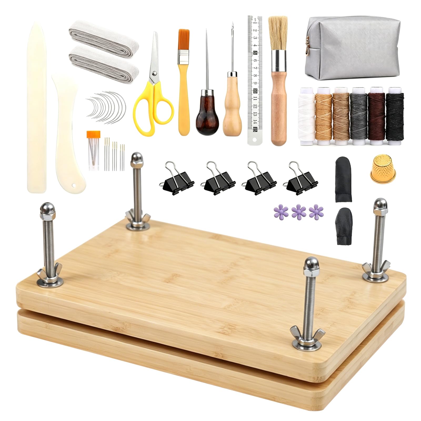 TECKZOON Set de encuadernación, con prensa de madera y kit completo de herramientas de encuadernación DIY, aguja y hilo, punzón, y bolsa de almacenamiento, para proyectos de encuadernación DIY