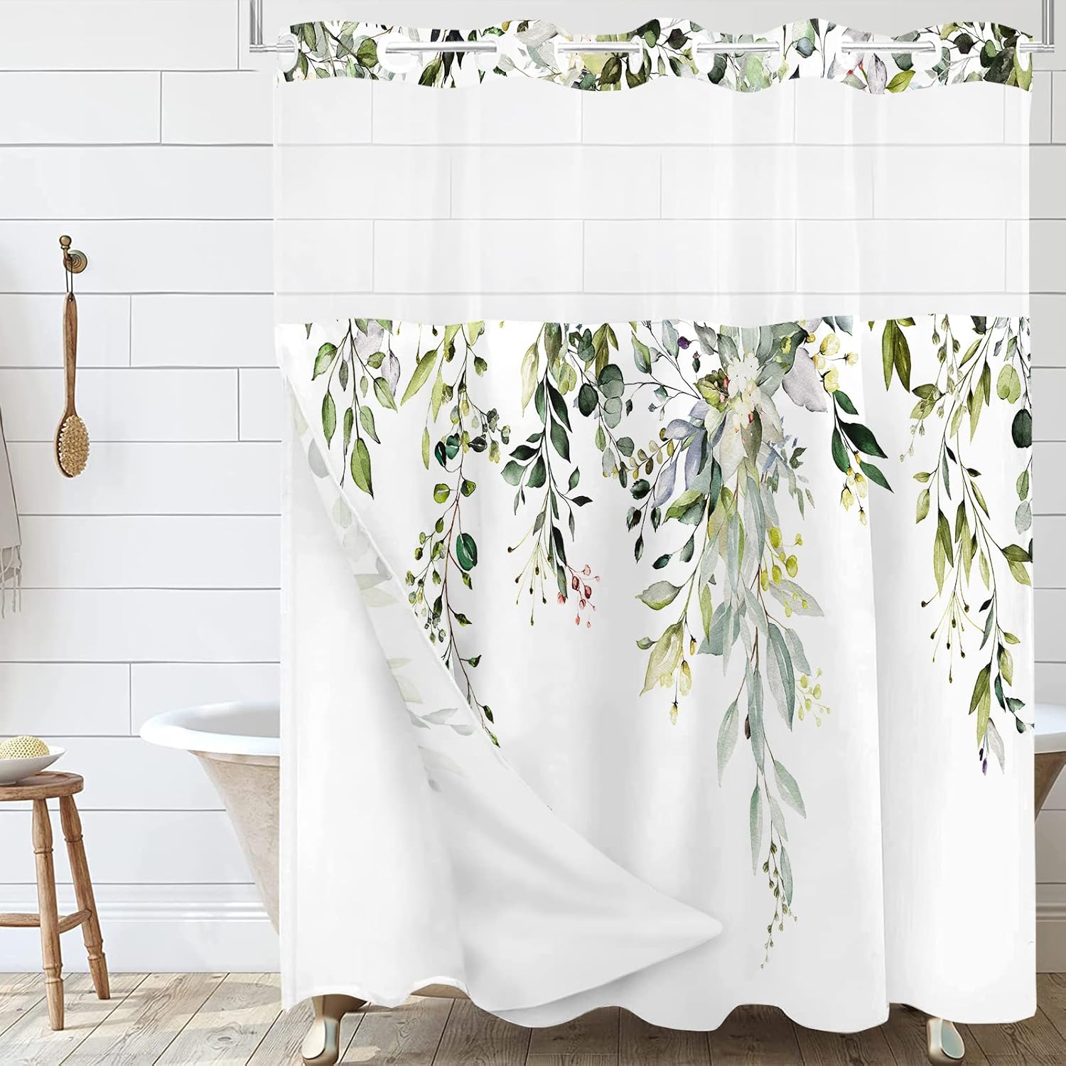 Sanzugh Sage Green No Hook Shower Curtain with Snap in