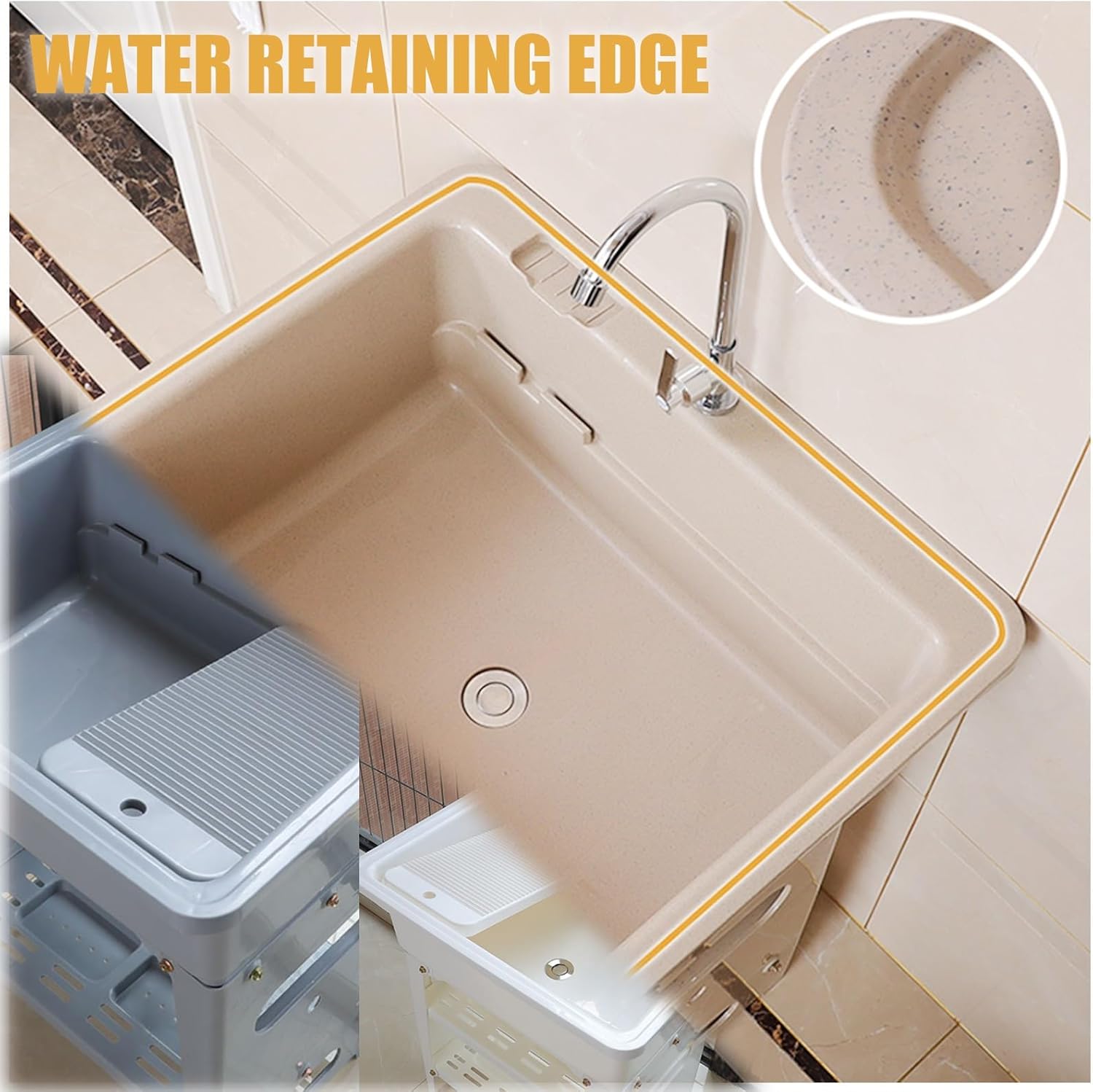 Outdoor Utility Sink Laundry Sinks Utility Sink Multifunctional Plastic Laundry Sink Laundry Tub With Washboard 360° Rotatable Faucet Wash Station Fit For Laundry Room Garage(Color:Marble)
