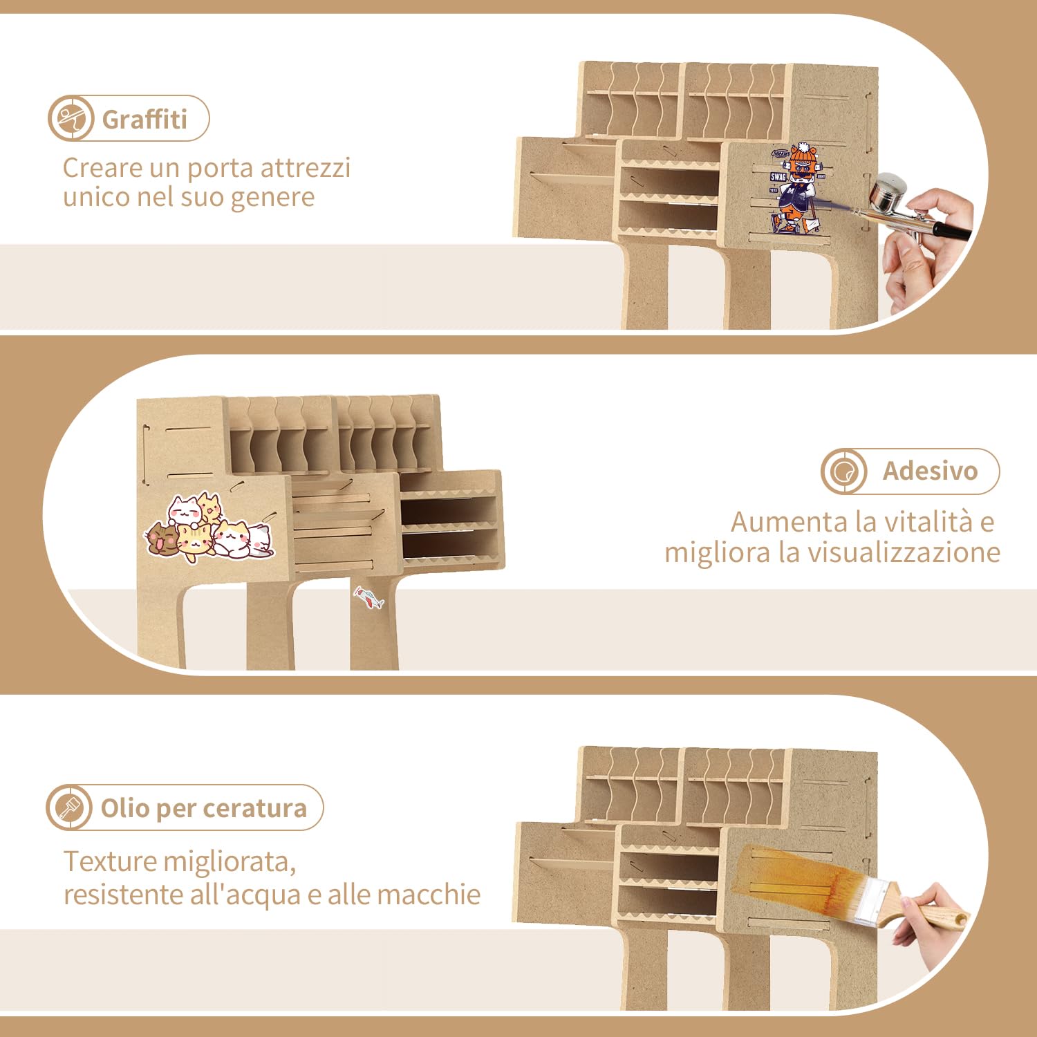 Supporto per kit di modelli in legno con materiale MDF, supporto per vernice, portacacciavite/pennello, per vernici e utensili Tamiya, GK1