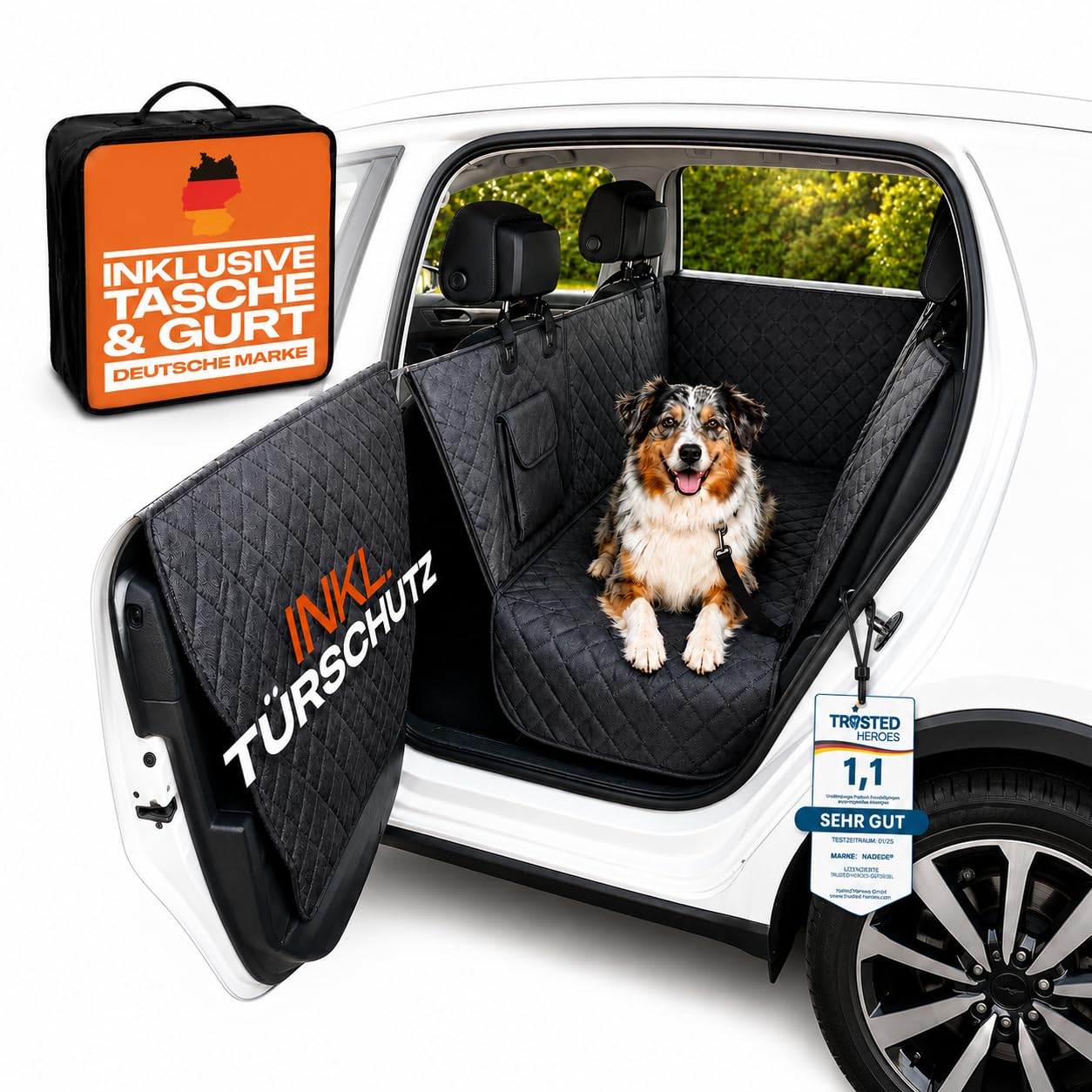 NATURIZ® Hundedecke Auto Rückbank mit Seitenschutz - Hundesitz inkl. Sicherheitsgurt - Hundematte Wasserfest - universal Rücksitzschoner mit Sichtfenster, Dog Car Seat cover, Autoschondecke (Rücksitz)