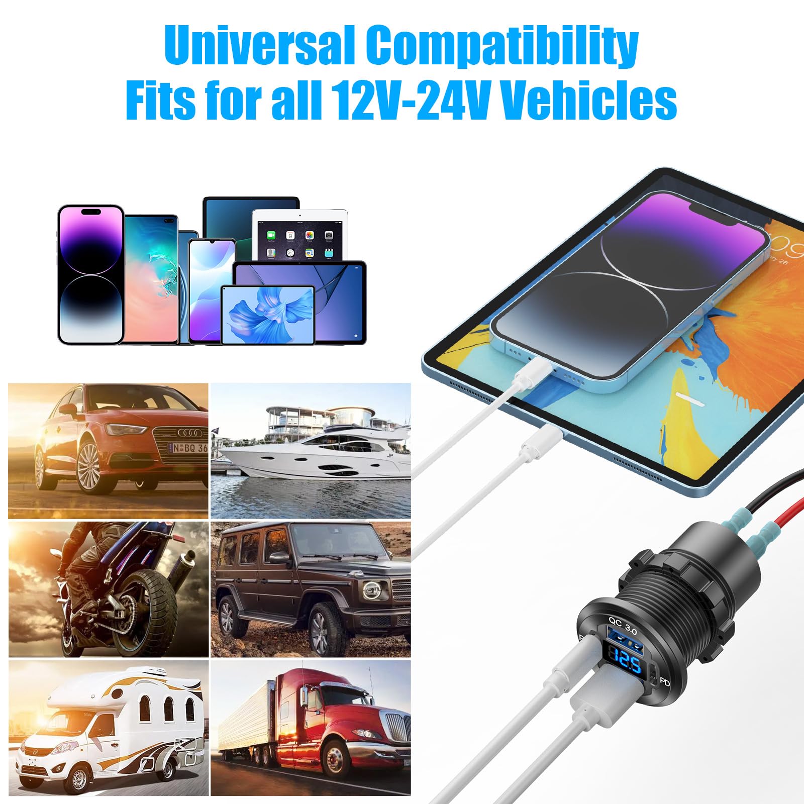 Salida USB de 12 V, cargador de coche de 4 puertos PD3.0 y QC3.0