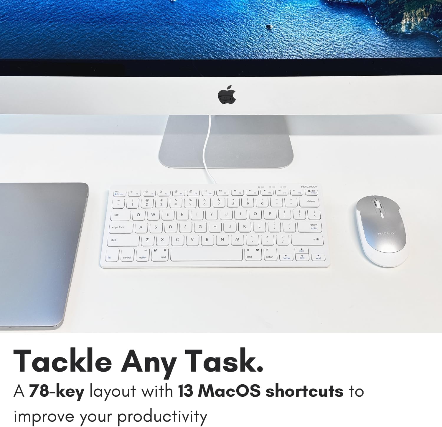 Macally USB Wired Keyboard for Mac and Windows PC - Plug and Play Apple Keyboard with 78 Scissor Switch Keys and 13 Shortcut Keys - Compact & Small That Saves Spaces and Looks Great - White