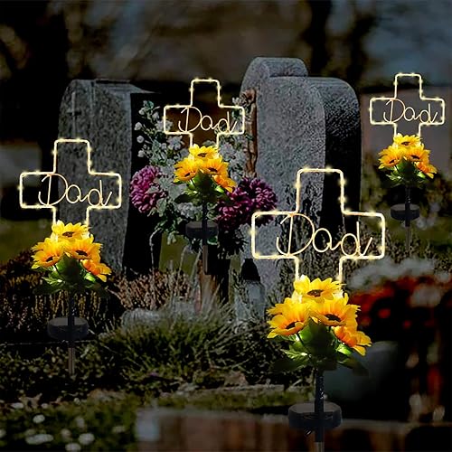 Miniatura 5 de Luces solares de girasol con cruz para papá del cementerio, decoraciones de tumbas impermeables para papá del cementerio, regalos conmemorativos de